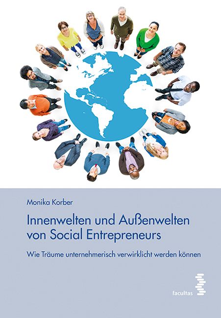 Buchcover mit Titel: Innenwelten und Außenwelten von Social Entrepreneurs. Menschen umrunden eine Weltkugel.