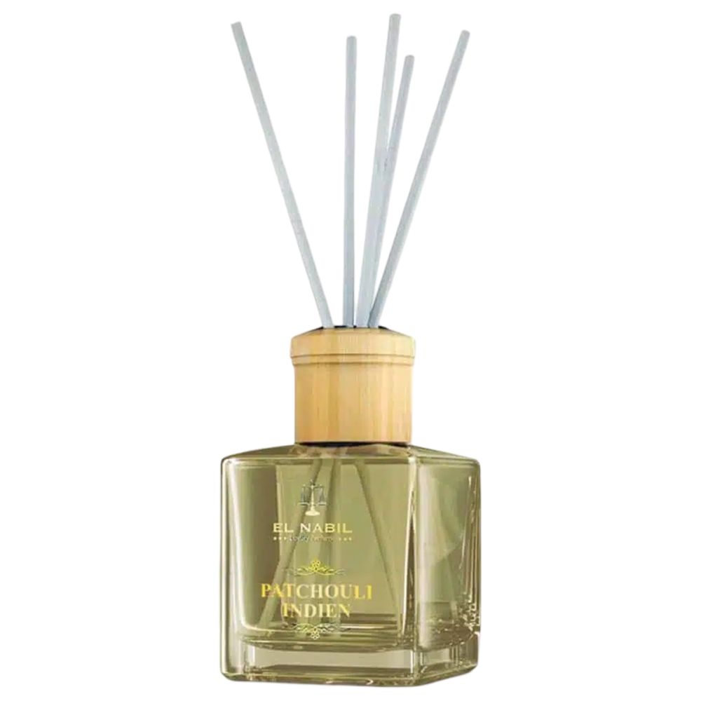 Quadratischer Glasdiffusor mit Holzdeckel und Stäbchen. Aufschrift: El Nabil, Patchouli Indien.