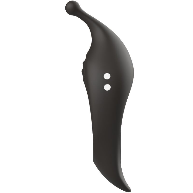 Schwarzer Vibrator mit geschwungener Form. Zwei runde Öffnungen sind sichtbar. Oben befindet sich eine runde Spitze.