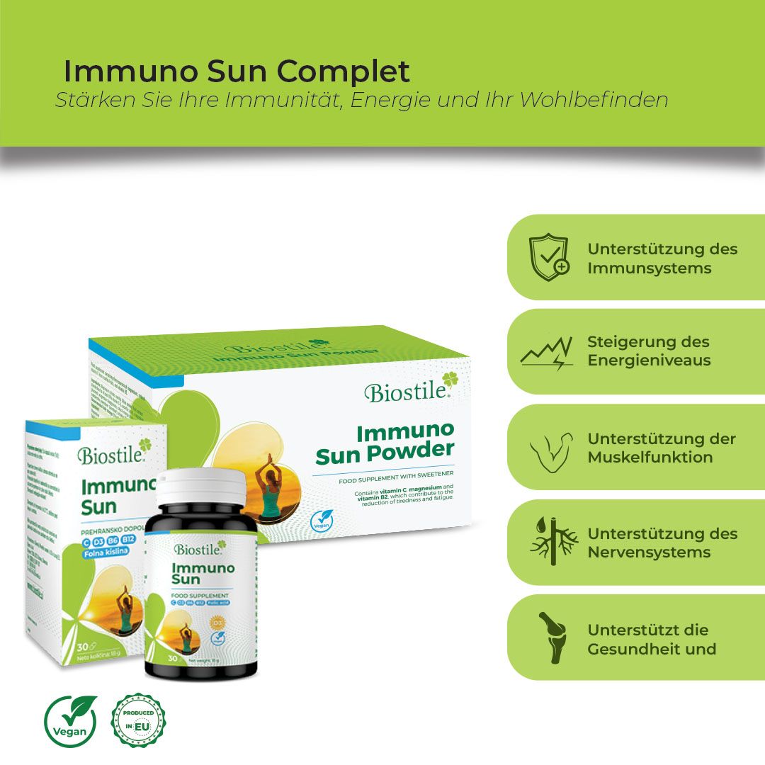 Biostile Immuno Sun Komplett Produktinformationen mit Icons und Produktabbildungen.