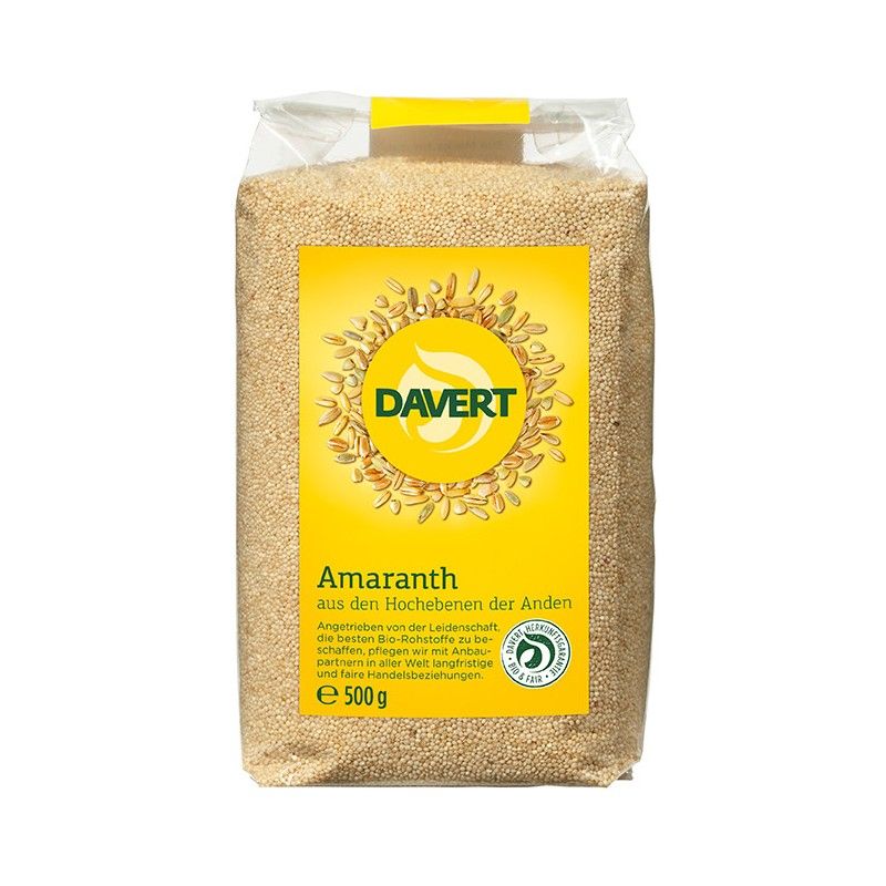 Davert Amaranth in transparenter Verpackung. Gelbes Etikett mit Logo und Produktbezeichnung. Bio-Zertifizierung und Gewichtsangabe.