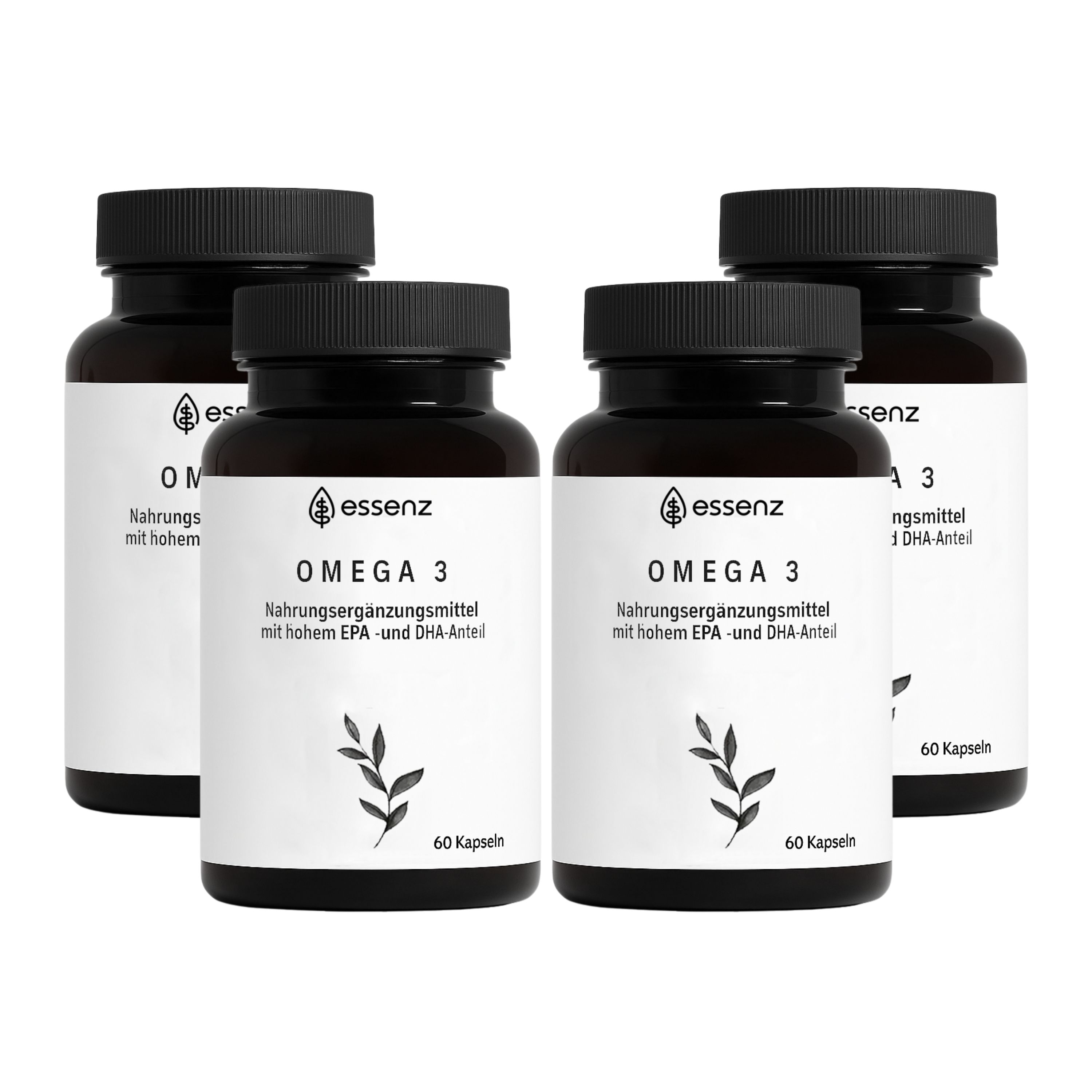 Vier Flaschen ESSENZ Omega 3. Aufschrift: Omega 3, Nahrungsergänzungsmittel mit hohem EPA- und DHA-Anteil. 60 Kapseln.