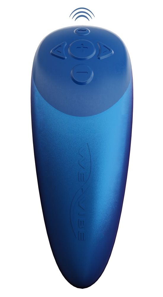 Blaue Fernbedienung mit Tasten für Steuerung. Funkwellen-Symbol oben. Marke We-Vibe.