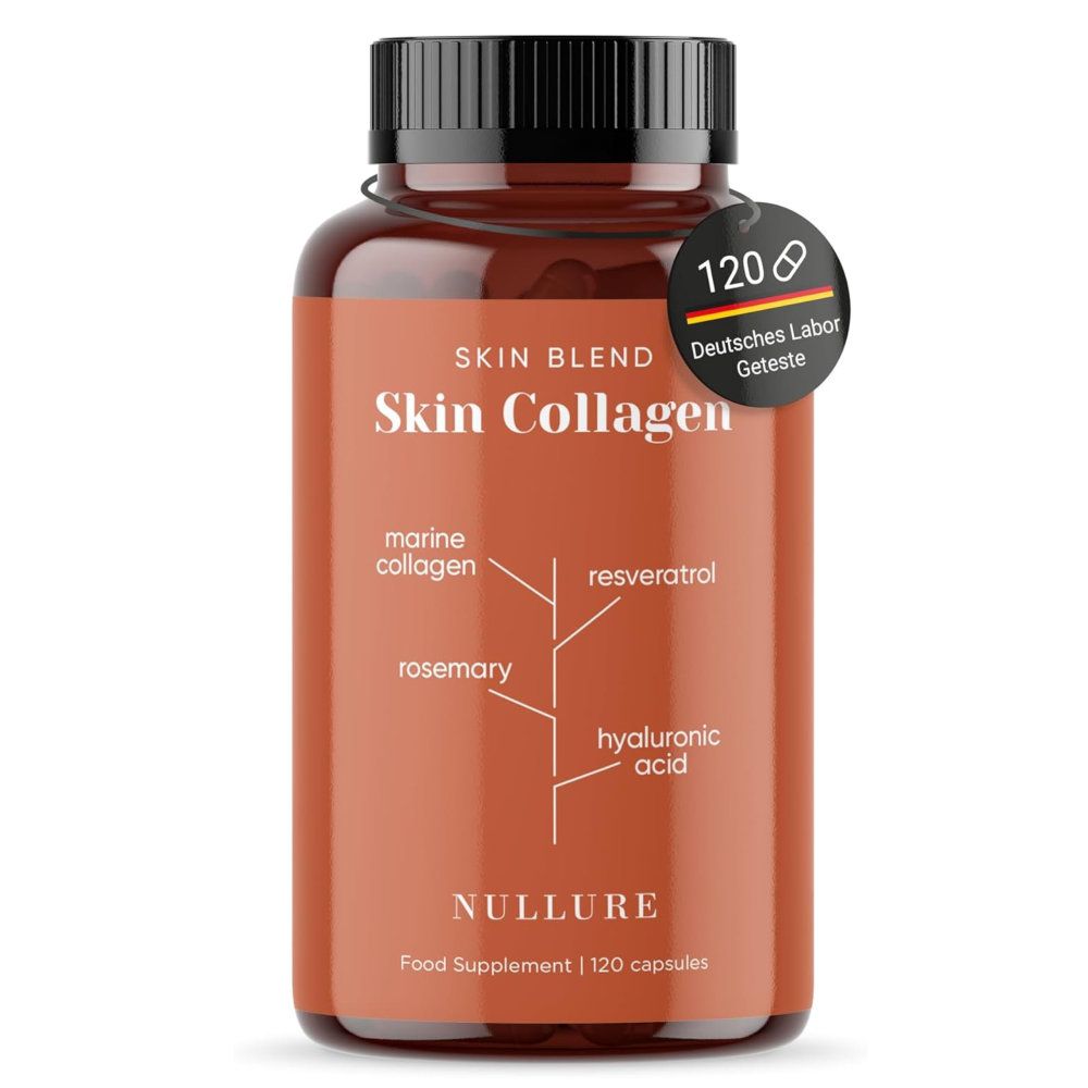 Braune Flasche mit schwarzen Deckel. Aufschrift Skin Collagen. 120 Kapseln. Siegel: Deutsches Labor Getestet.