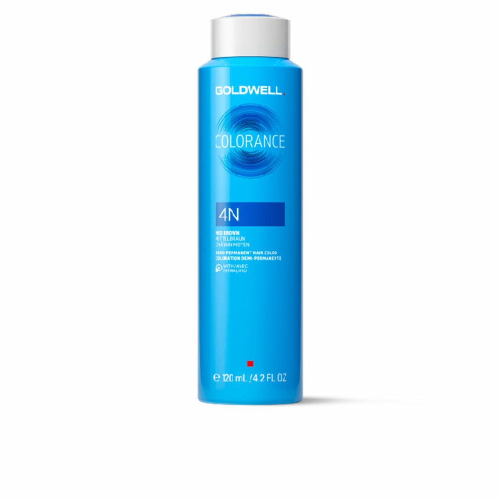 Flasche COLORANCE 4N, blau. Goldwell-Logo, Produktname, Farbnummer 4N. Weiße Kappe, blaue Flasche, rote Markierung.