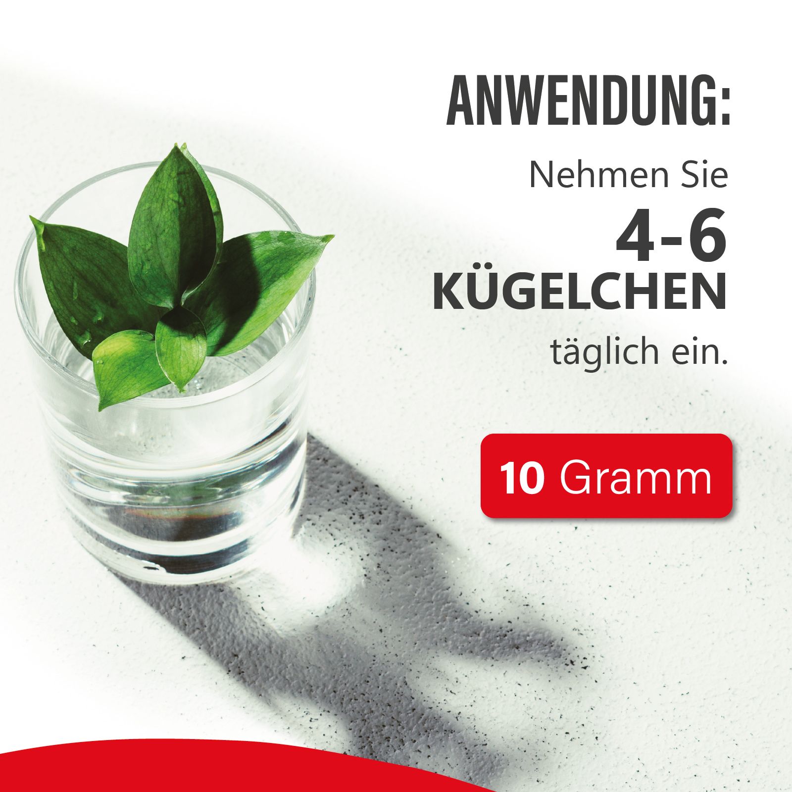 Glas mit Wasser und Blättern. Roter Block mit Text: 10 Gramm. Text: Nehmen Sie 4-6 Kügelchen täglich ein.