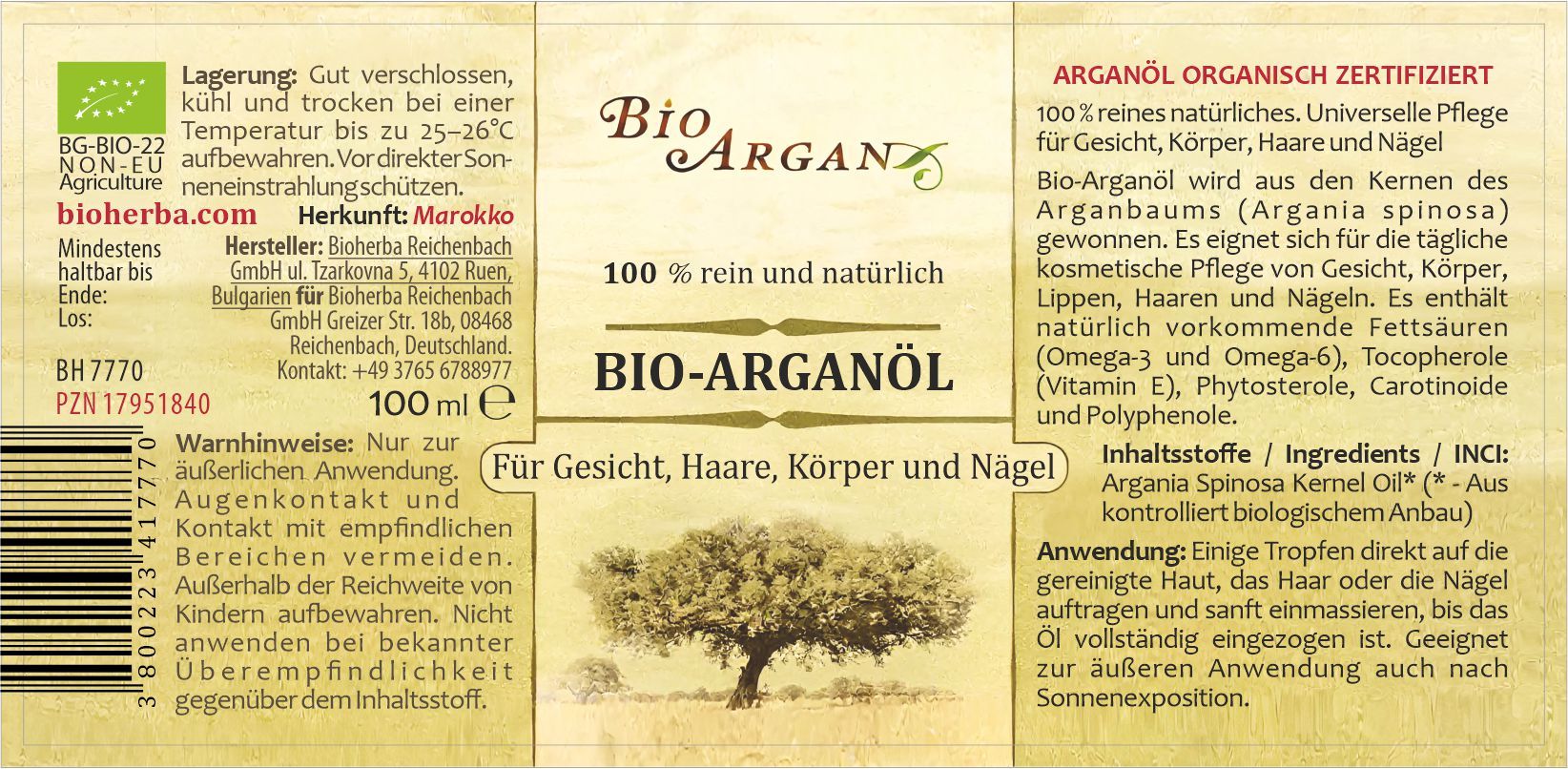 Etikett mit Text: "Bio Arganöl", "100% rein und natürlich", und Inhaltsangaben.