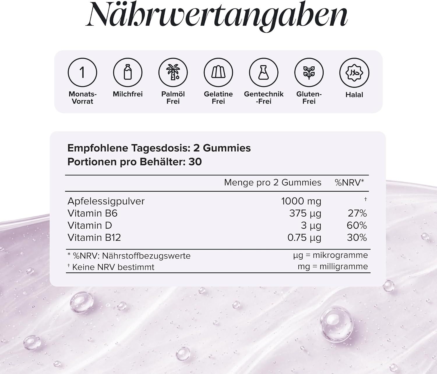 Nährwertangaben für Apfelessig Gummies mit Vitaminen B6, D, B12.