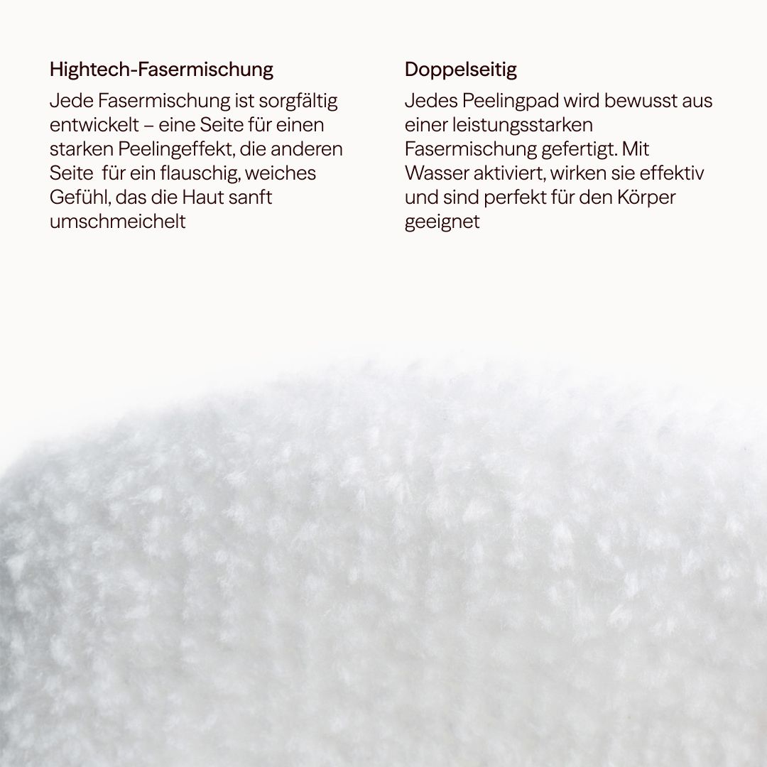 Text über die doppelseitige Waschies-Peelingpads. Eine Seite für Peeling, die andere für sanfte Reinigung. Wasser aktiviert die Wirkung.