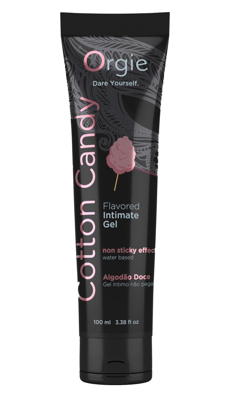 Schwarze Tube mit "Cotton Candy" und "Orgie" Aufdruck. Rosa Schrift und Logo. 100 ml.
