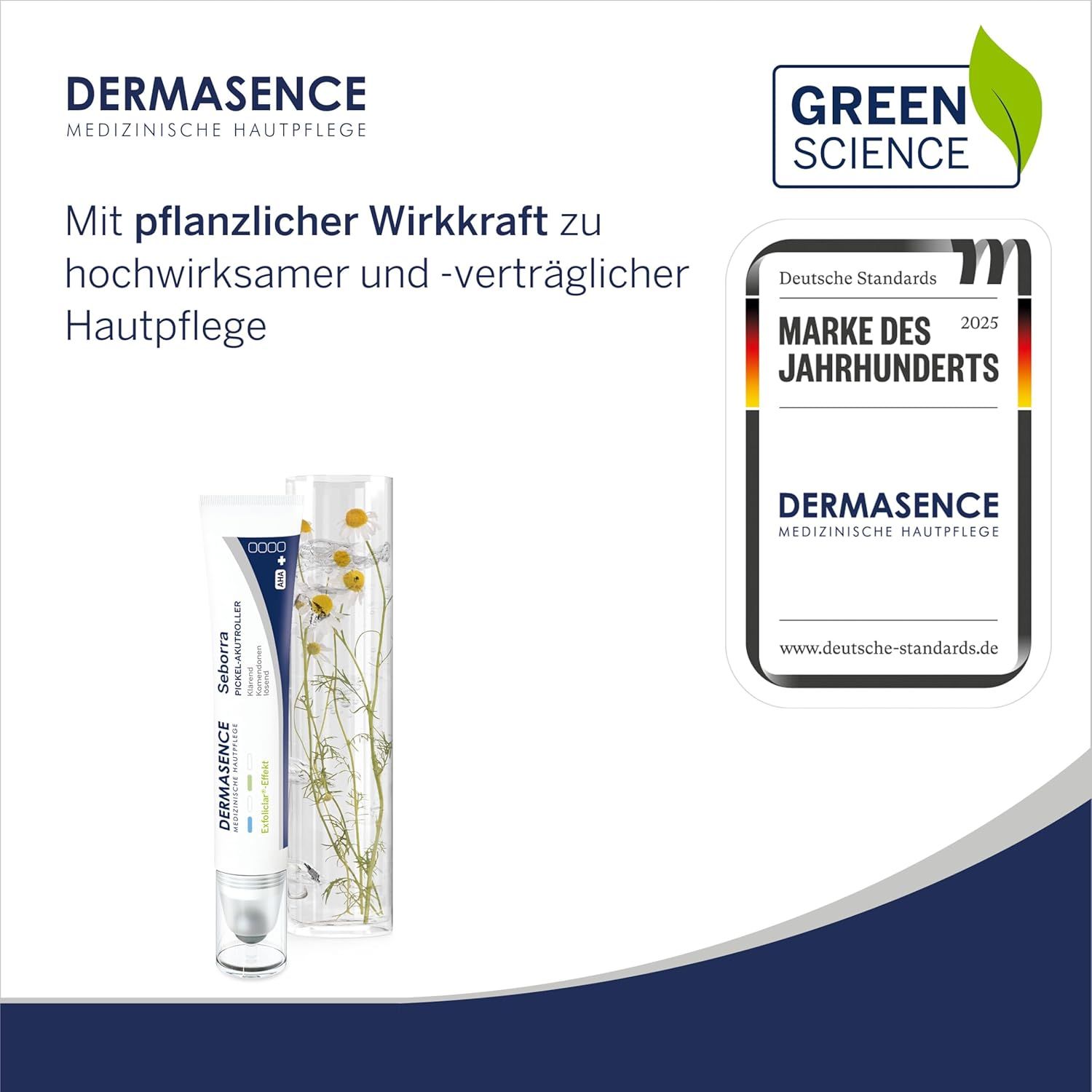 Produkt und Logo DERMASENCE. Produktname: Seborra Pickel-Akutroller. Mit Pflanzenkraft. Auszeichnung: Marke des Jahrhunderts.