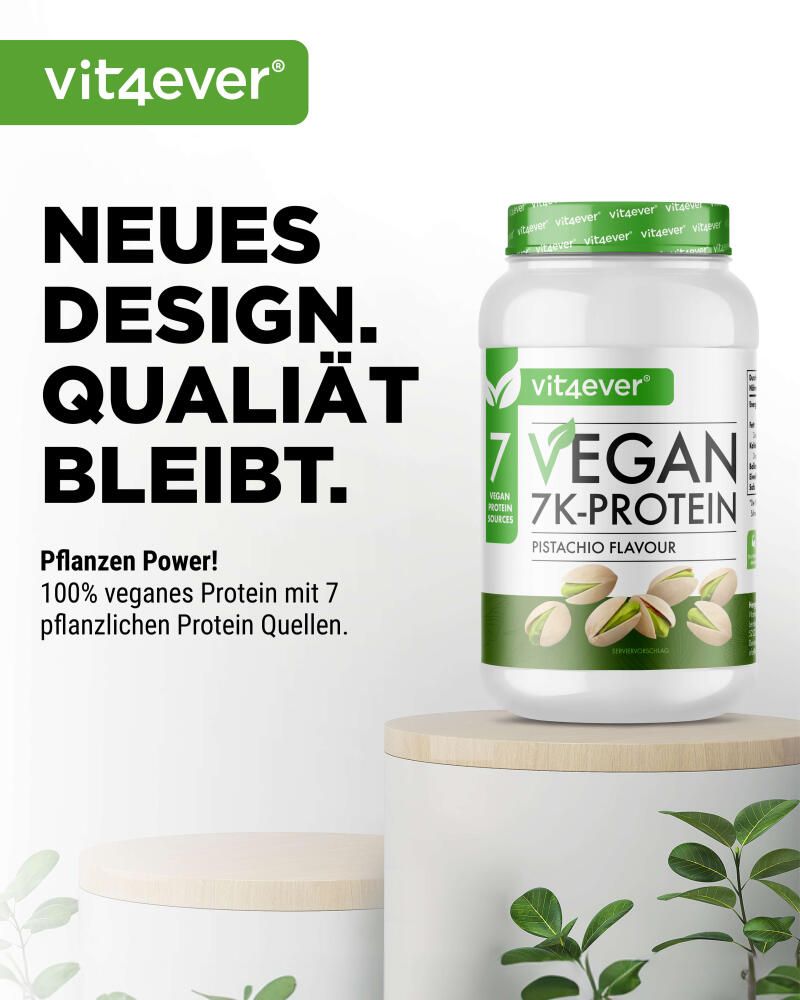 Vit4ever-Proteinpulver-Behälter auf Podest. Text: Neues Design. Qualität bleibt. 100% veganes Protein mit 7 pflanzlichen Proteinquellen.