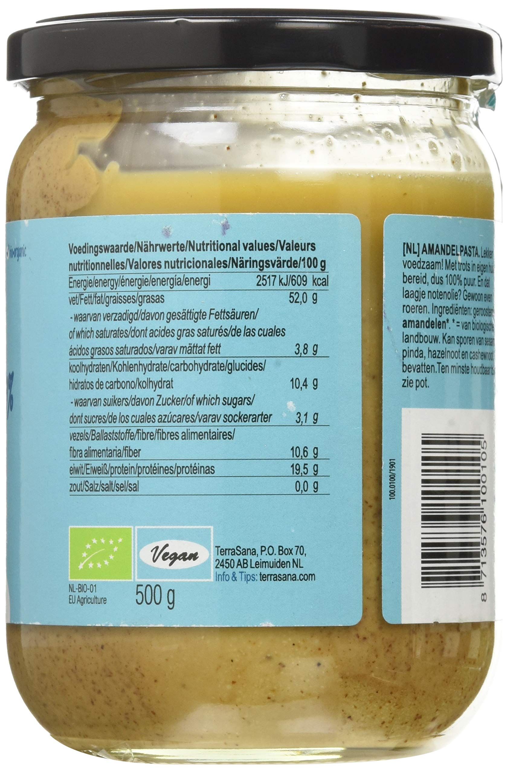 Glas mit Mandelmus. Rückseite mit Nährwertangaben, Bio-Siegel und Gewicht. Vegan-Logo.