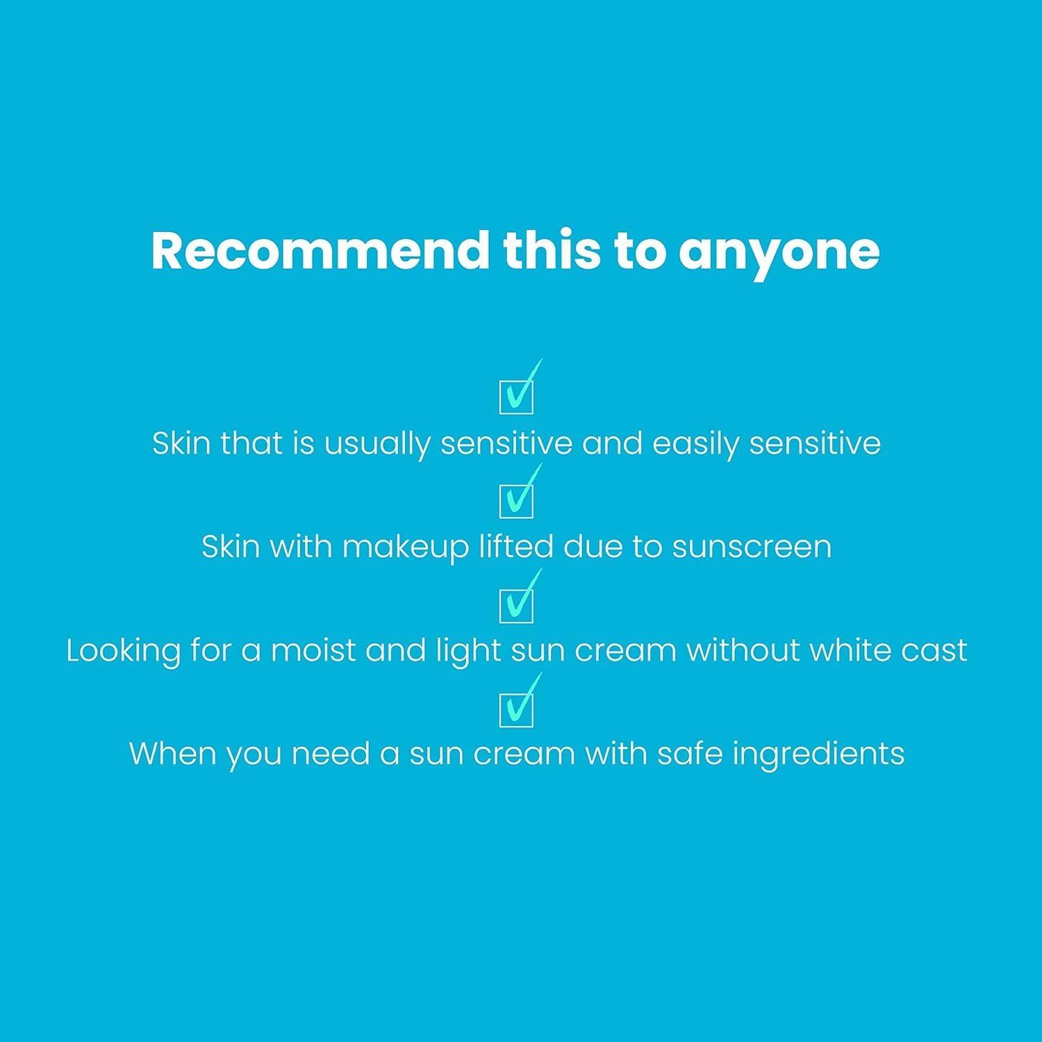 Text auf blauem Hintergrund. Empfehlungen für die Verwendung des Produkts. Geeignet für empfindliche Haut, Make-up-Haut, etc.