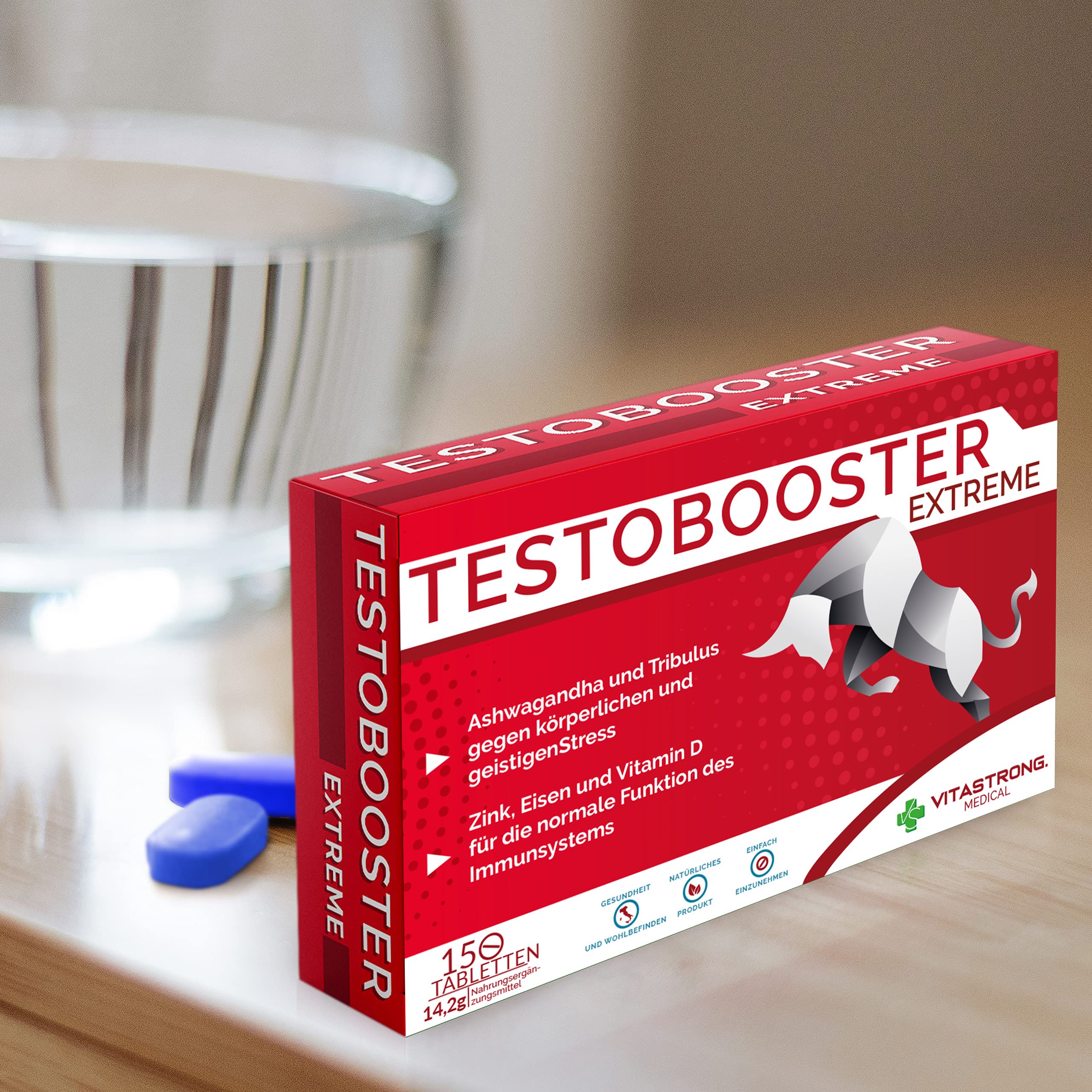 Rote Schachtel Testobooster Extreme. 15 Tabletten. Blaue Tabletten daneben. VS Medical Logo.
