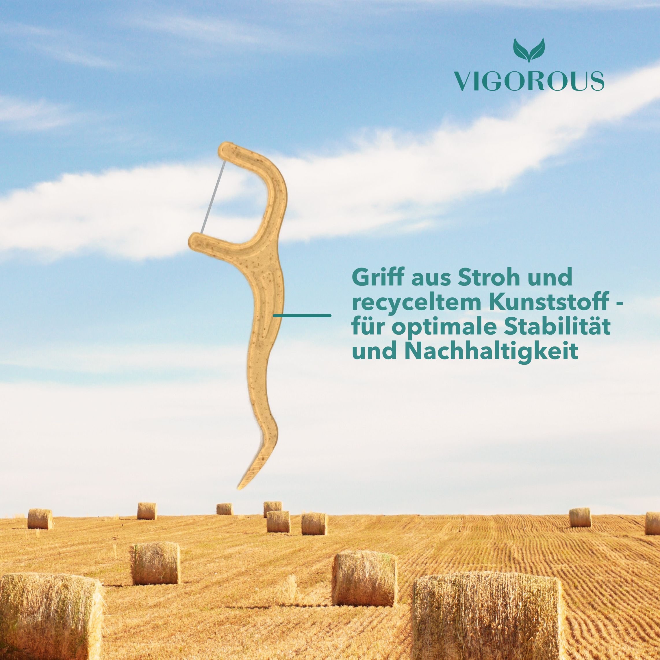Zahnseide-Stick vor Feld. Text: Griff aus Stroh und recyceltem Kunststoff - für optimale Stabilität und Nachhaltigkeit.