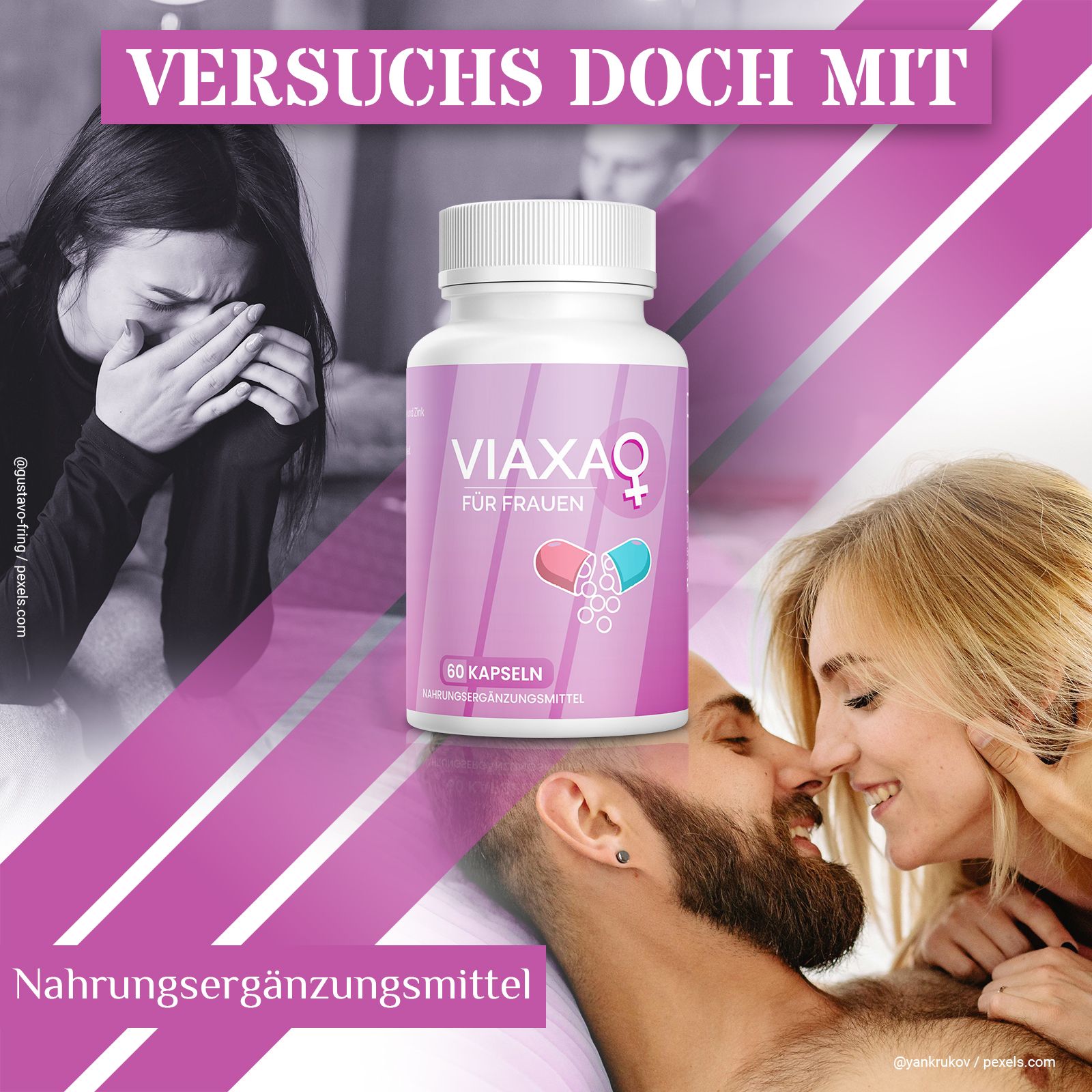 Weißes Pillenfläschchen mit rosa Etikett. Aufschrift: Viaxa für Frauen. Abgebildet sind Kapseln. Hintergrund: Paare und Text.