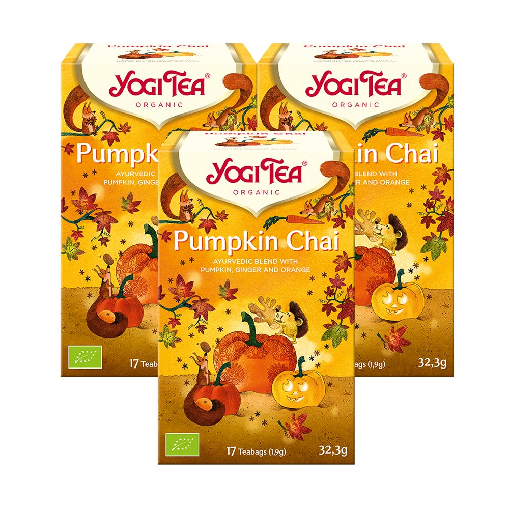 Drei Kartons Yogi Tea Pumpkin Chai. Aufdruck: 17 Teebeutel, Bio-Siegel. Illustrationen mit Kürbissen und Blättern.
