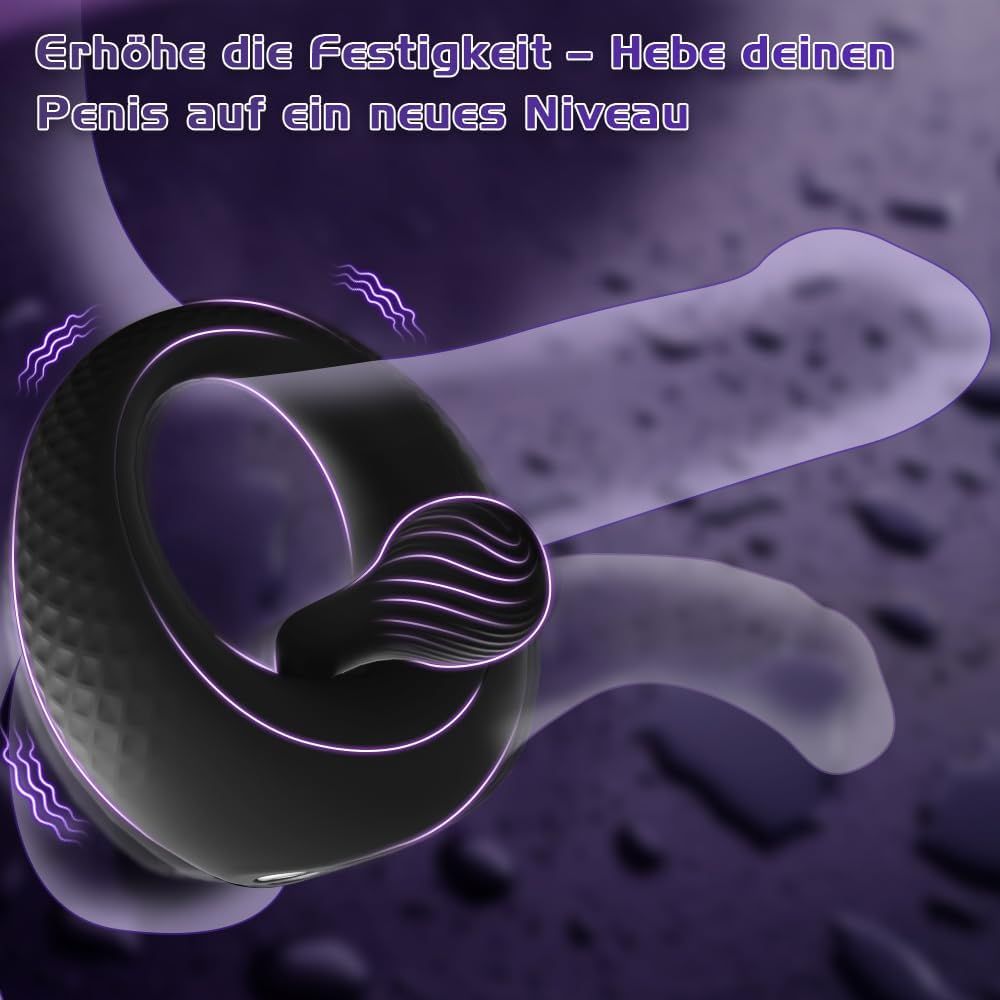 Schwarzer Penisring mit Perlen und Vibration. Der Ring umschließt einen Penis. Lila Hintergrund mit Wellen.