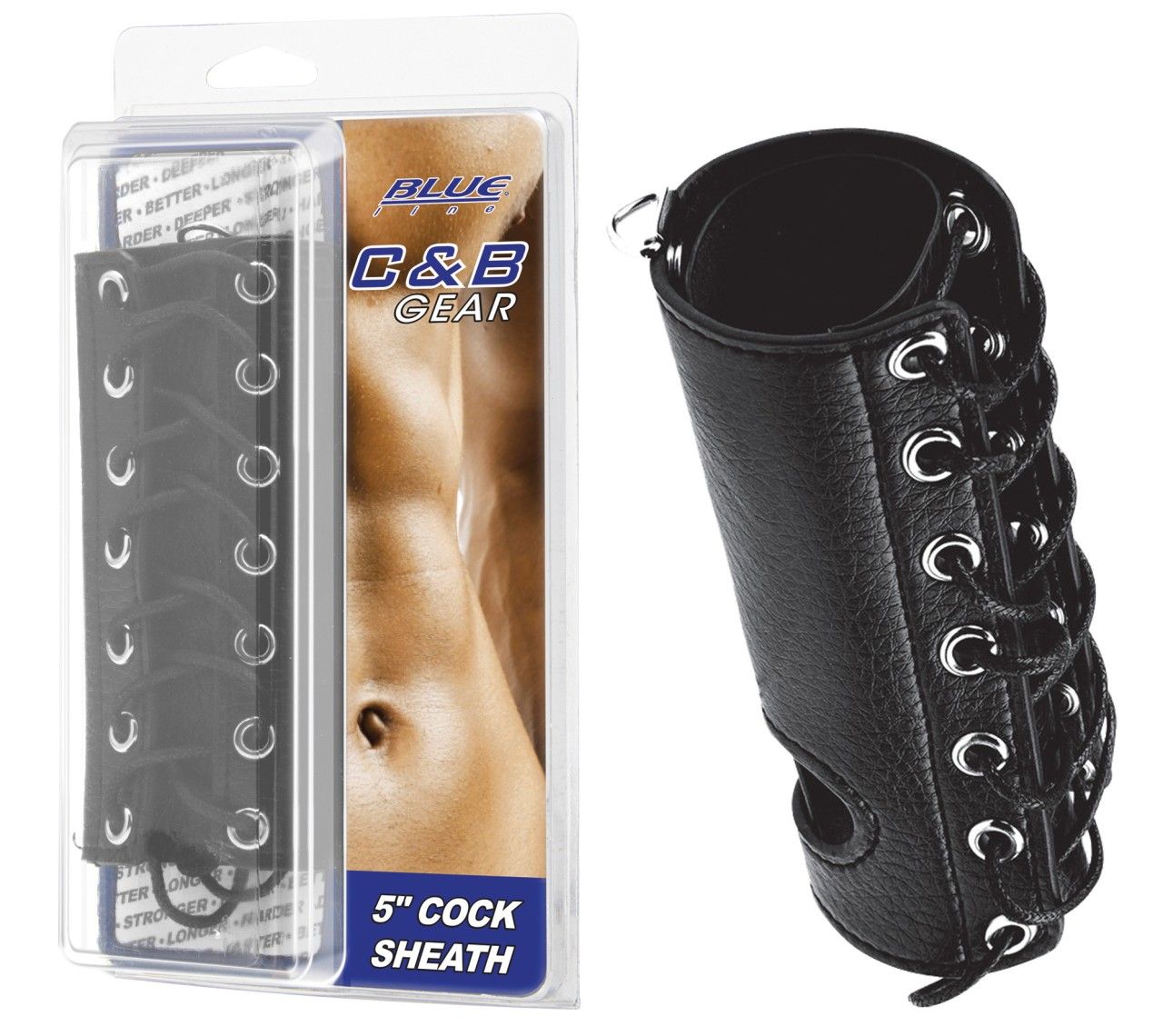 Schwarze Peniskorsett-Hülle mit Leinenöse. Aufgedrucktes Logo: BLUE C&B GEAR. Aufschrift: 5" COCK SHEATH. Produktansicht.