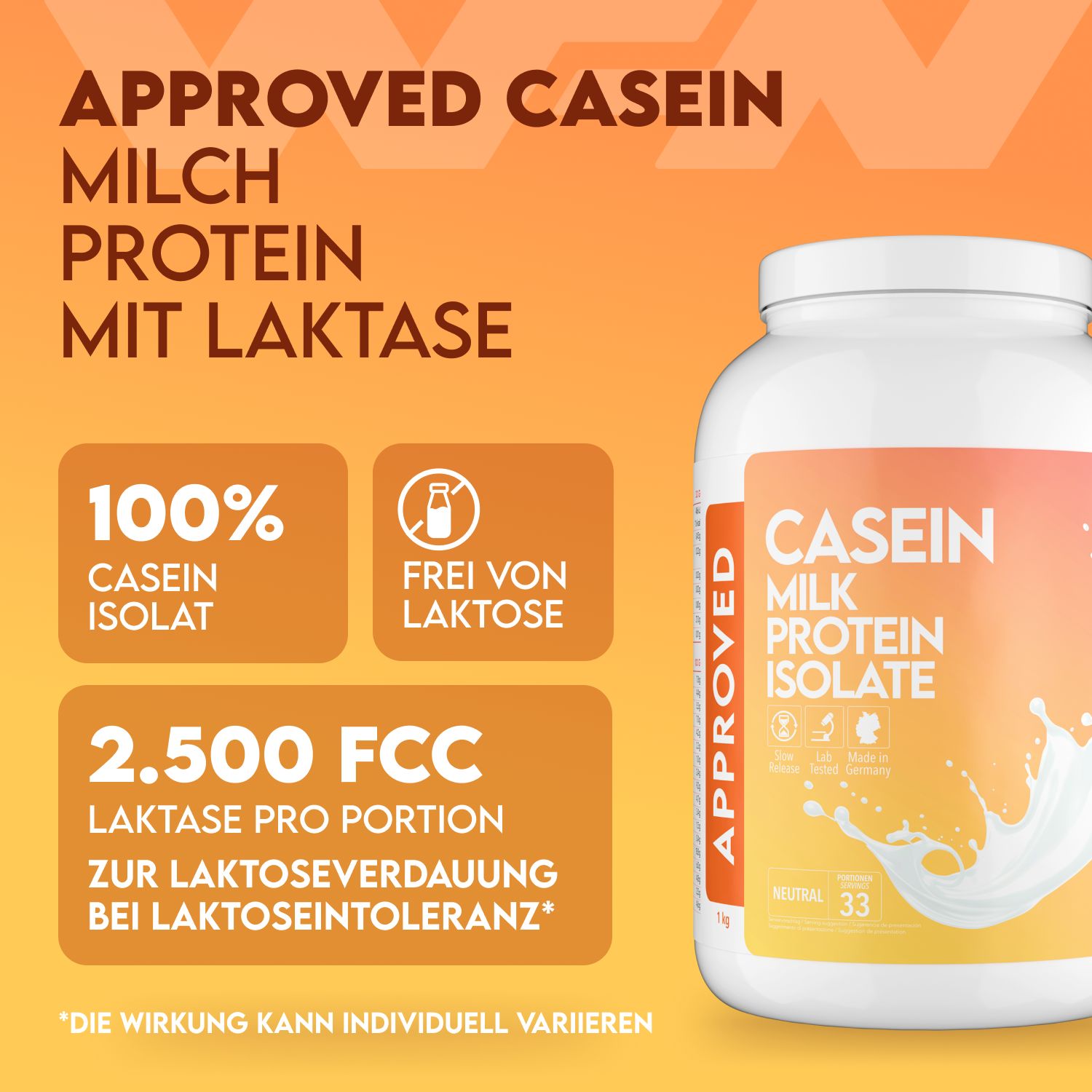 Weißes Casein-Isolat-Behälter mit gelb-orangefarbenem Etikett. Text: Casein Milk Protein Isolate, 100% Casein Isolat, frei von Laktose.
