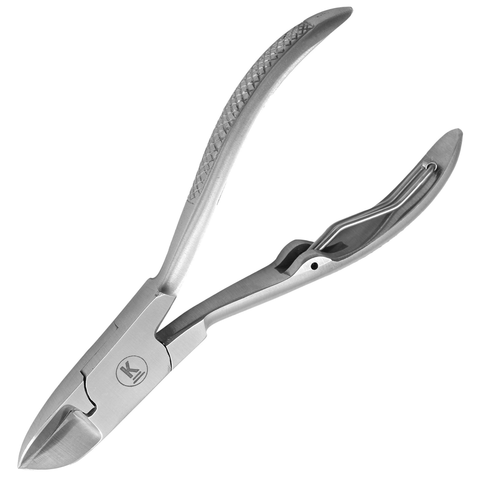 Fußnagelzange aus Metall. Gebogene Griffe mit Riffelung. Schneidbereich mit abgerundeter Form. Logo auf dem Körper.