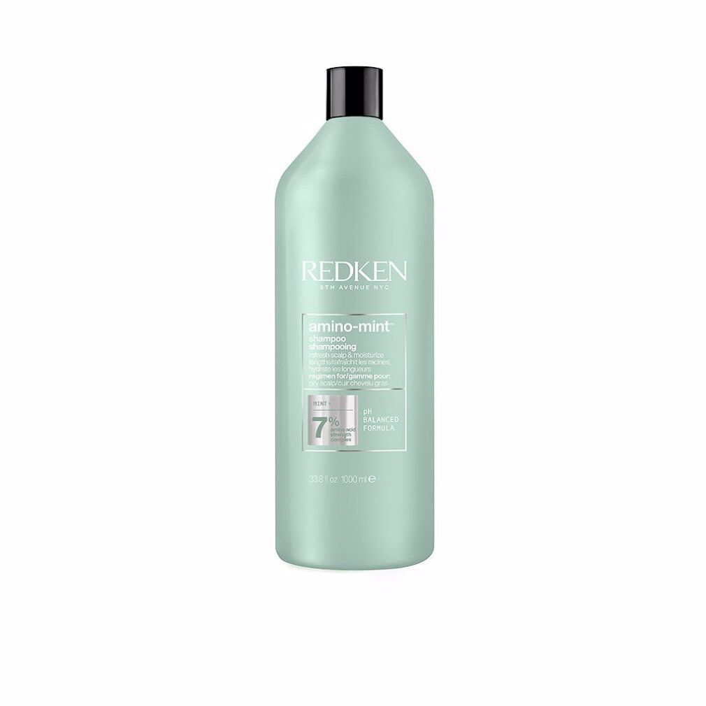 Hellgrüne Shampoo-Flasche mit schwarzem Deckel. Aufschrift Redken, amino-mint Shampoo. pH-Wert 7.