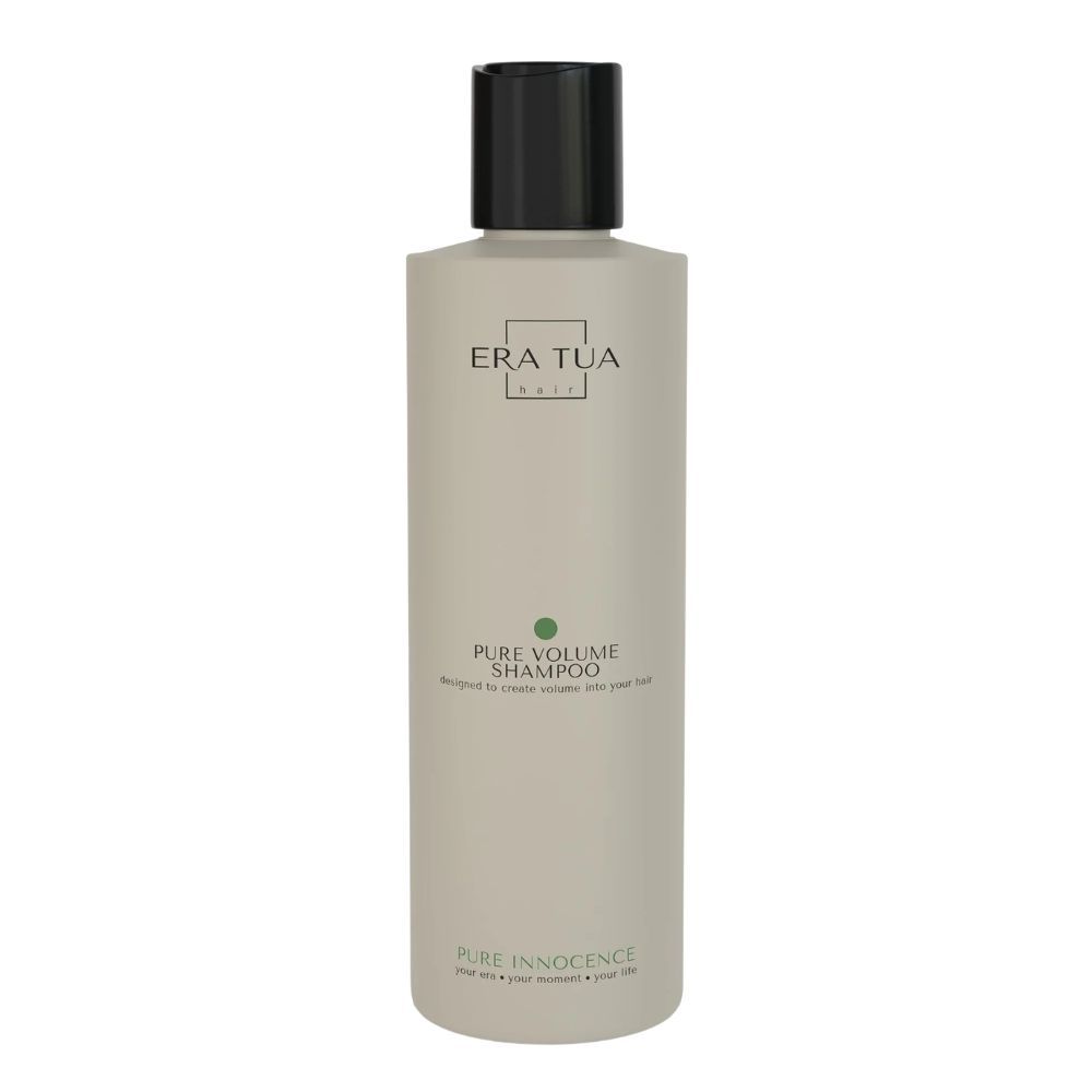 Shampoo-Flasche mit schwarzem Deckel. Text: Era Tua, Pure Volume Shampoo. Grüner Punkt. Pure Innocence.