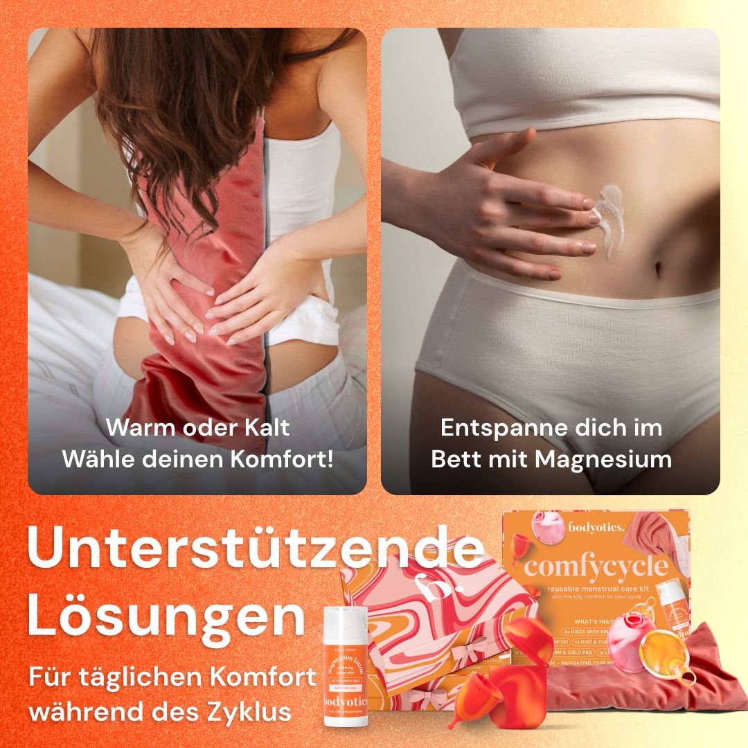 Frau mit Wärmflasche im Nackenbereich, Frau mit Magnesium-Lotion am Bauch.