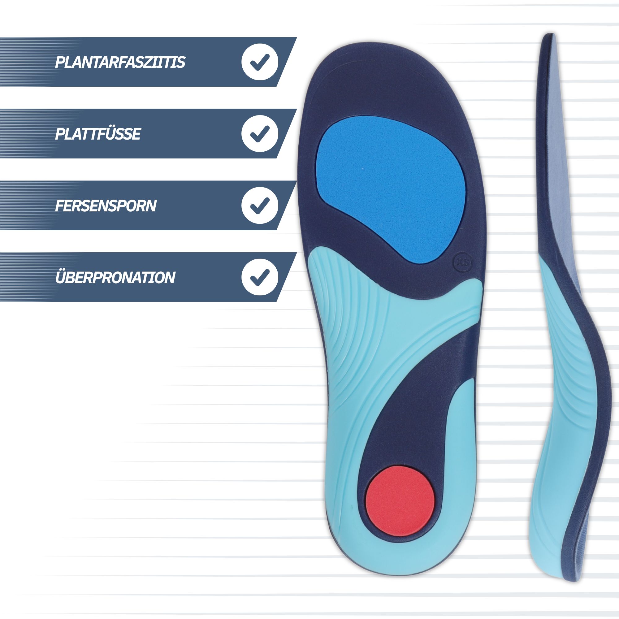 Orthopädische Einlegesohle mit Markierungen für Plantarfasziitis, Plattfüße, Fersensporn und Überpronation.