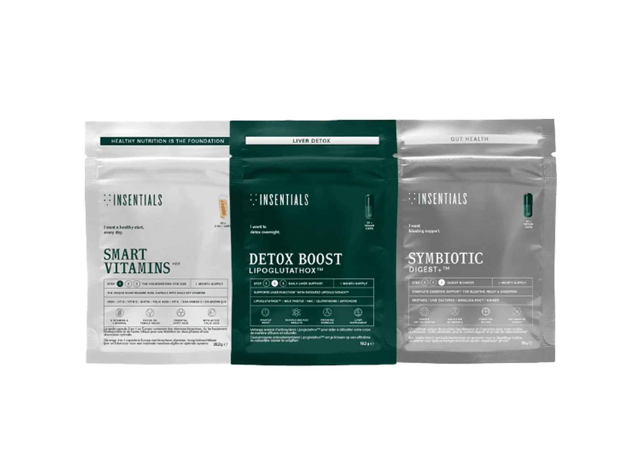 Drei Insentials Beutel: Smart Vitamins, Detox Boost, Symbiotic Digest.