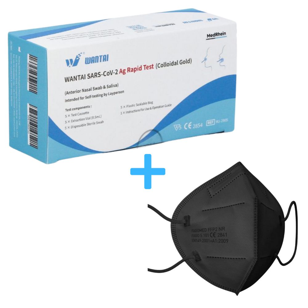 Wantai SARS-CoV-2 Ag Schnelltest-Kit mit FFP2-Maske.