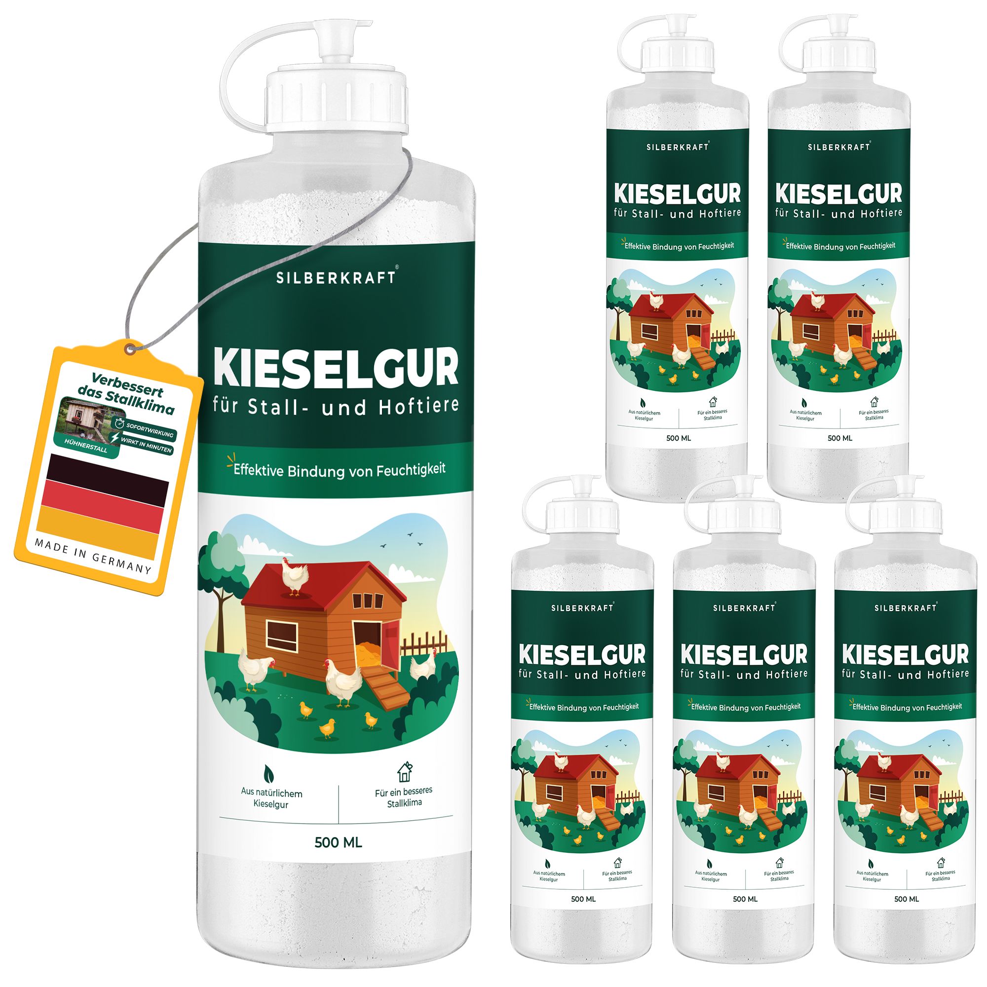 Mehrere Flaschen SILBERKRAFT Kieselgur. Aufschrift: Kieselgur für Stall- und Hoftiere. Mit Etikett "Made in Germany".