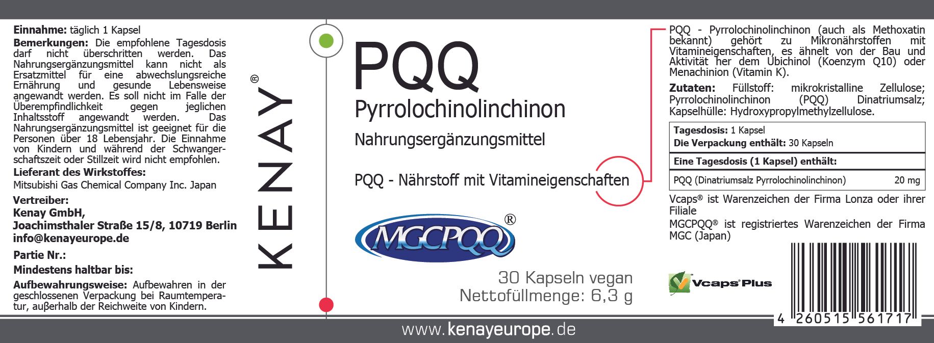 Etikett einer PQQ-Nahrungsergänzungsmittel-Verpackung. Enthält Informationen zu Inhaltsstoffen, Dosierung, Hersteller und KENAY-Logo. 30 Kapseln.
