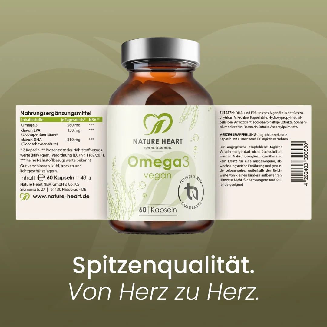 Braune Glasflasche mit Nature Heart Omega3 vegan Etikett, 60 Kapseln.