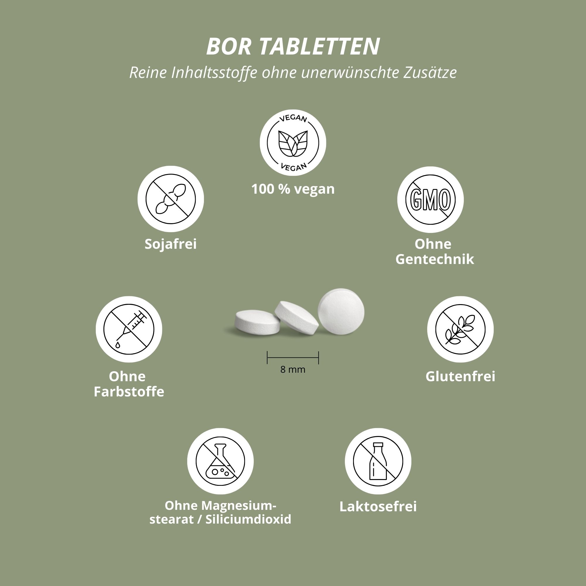 Drei weiße Tabletten, 8 mm Durchmesser. Vegan-Siegel, 100% vegan. Ohne Farbstoffe, Soja, Gluten, Laktose, Magnesiumstearat.