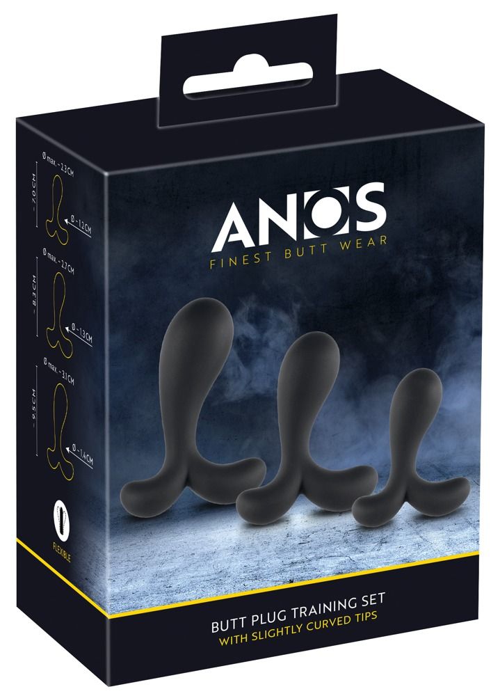 Verpackung mit drei schwarzen Analplugs. 'ANOS' Logo, 'BUTT PLUG TRAINING SET' und Größenangaben. Schwarze Box.