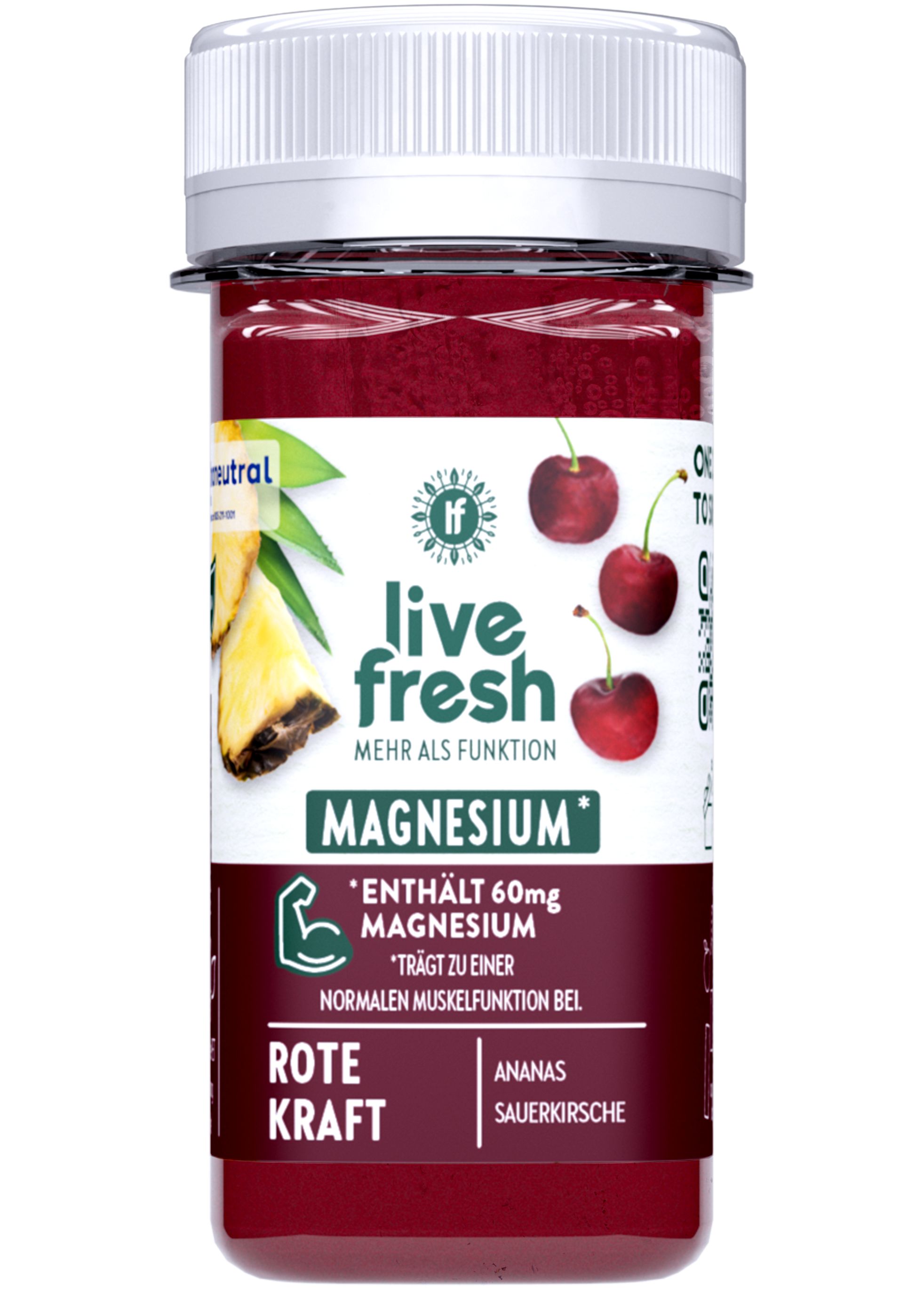 Zylindrische Flasche mit roter Flüssigkeit. Aufschrift: LiveFresh Magnesium, Rote Kraft, Ananas Sauerkirsche. Enthält 60mg Magnesium.