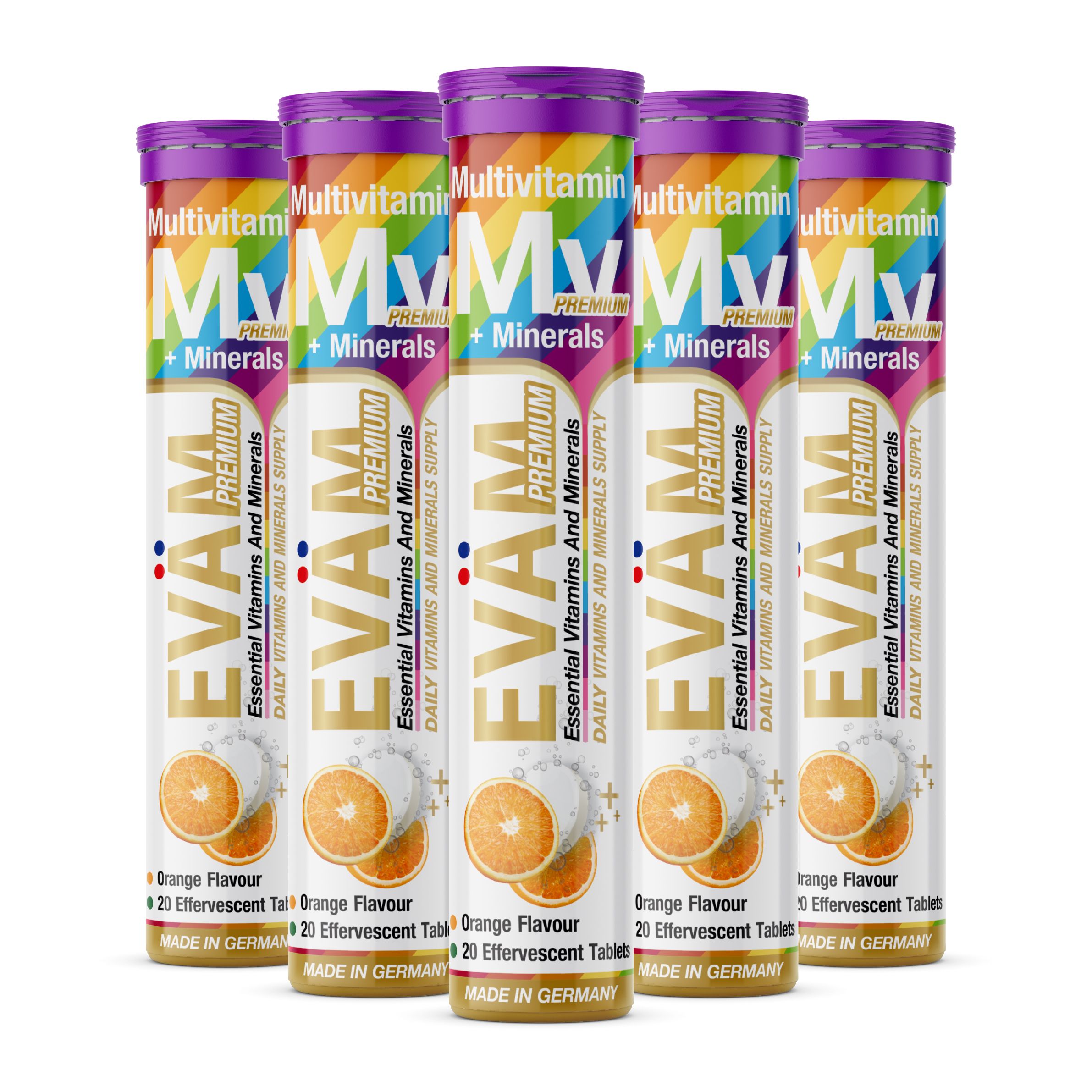 Fünf Tuben EVÄM Multivitamin + Mineralien Brausetabletten. Jede Tube enthält 20 Tabletten. Orange-Geschmack.
