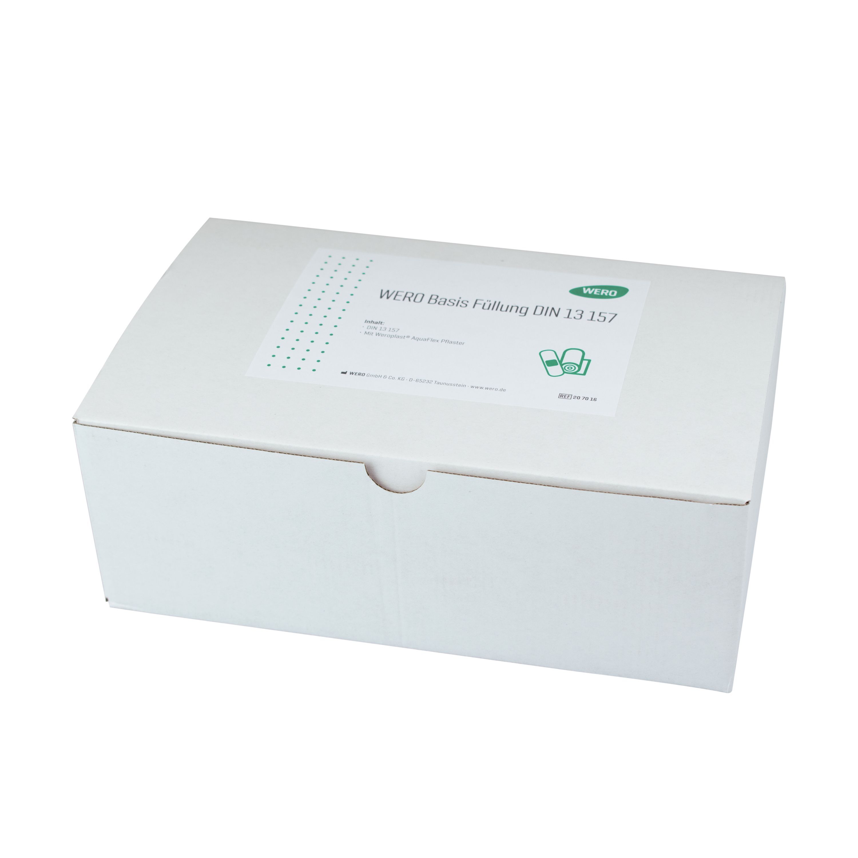 Weiße Box mit Aufkleber. Aufschrift: WERO Basis Füllung DIN 13157. Grün-weiße Grafik. Abgerundete Ecke.