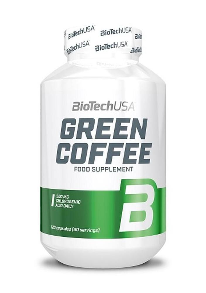 Weiße Flasche mit grünem Etikett. Aufschrift: Green Coffee, Food Supplement. Marke: BioTechUSA. Enthält 120 Kapseln.