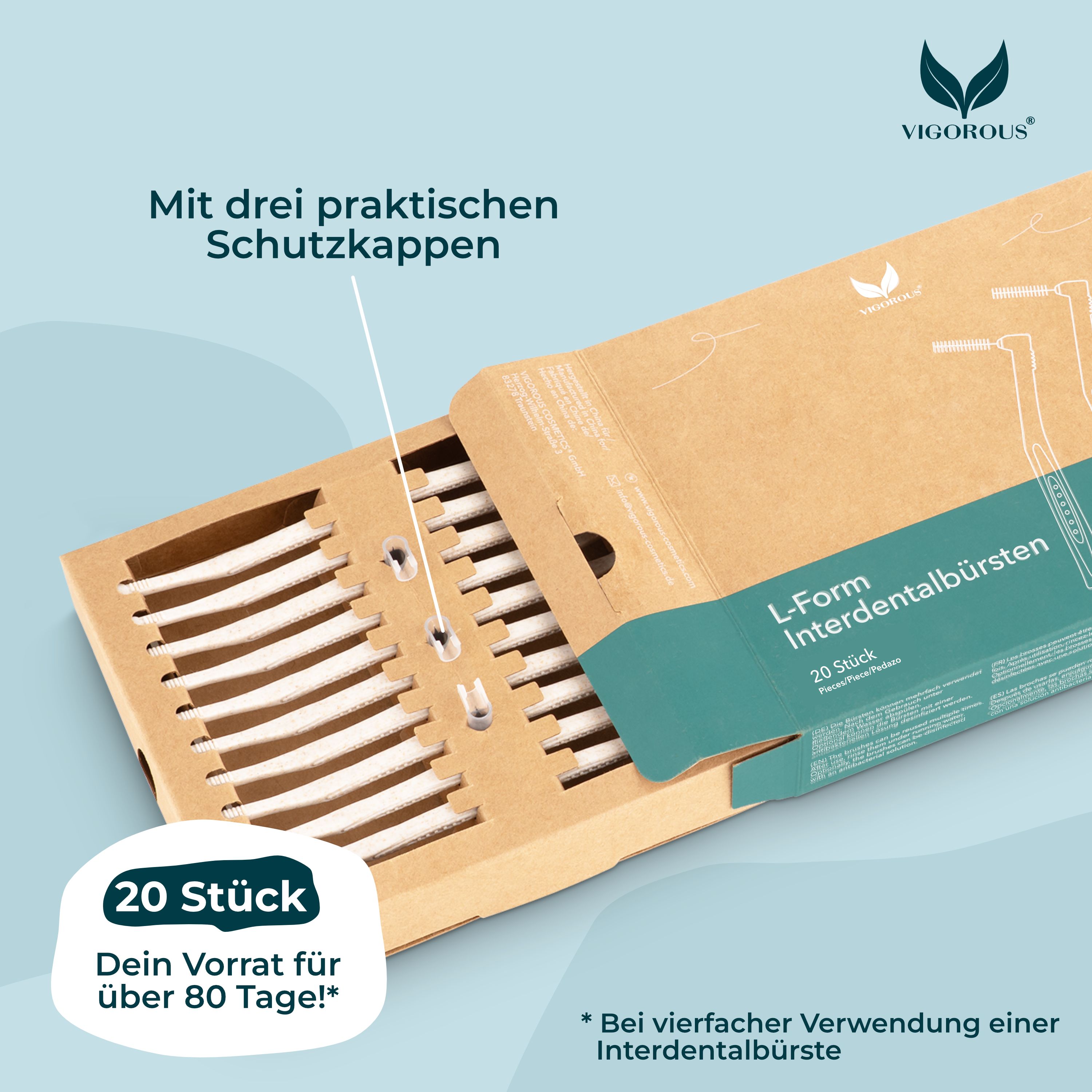Geöffnete Verpackung mit 20 L-Form Interdentalbürsten. Text: Mit drei praktischen Schutzkappen. Logo: VIGOROUS®. Text: 20 Stück. Dein Vorrat für über 80 Tage!