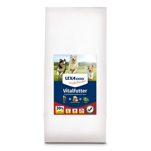 Weißer Beutel mit Produktetikett. Aufdruck: LEXA Dog Vitalfutter, Hunde auf Wiese, 30% Fleischanteil, Logos.