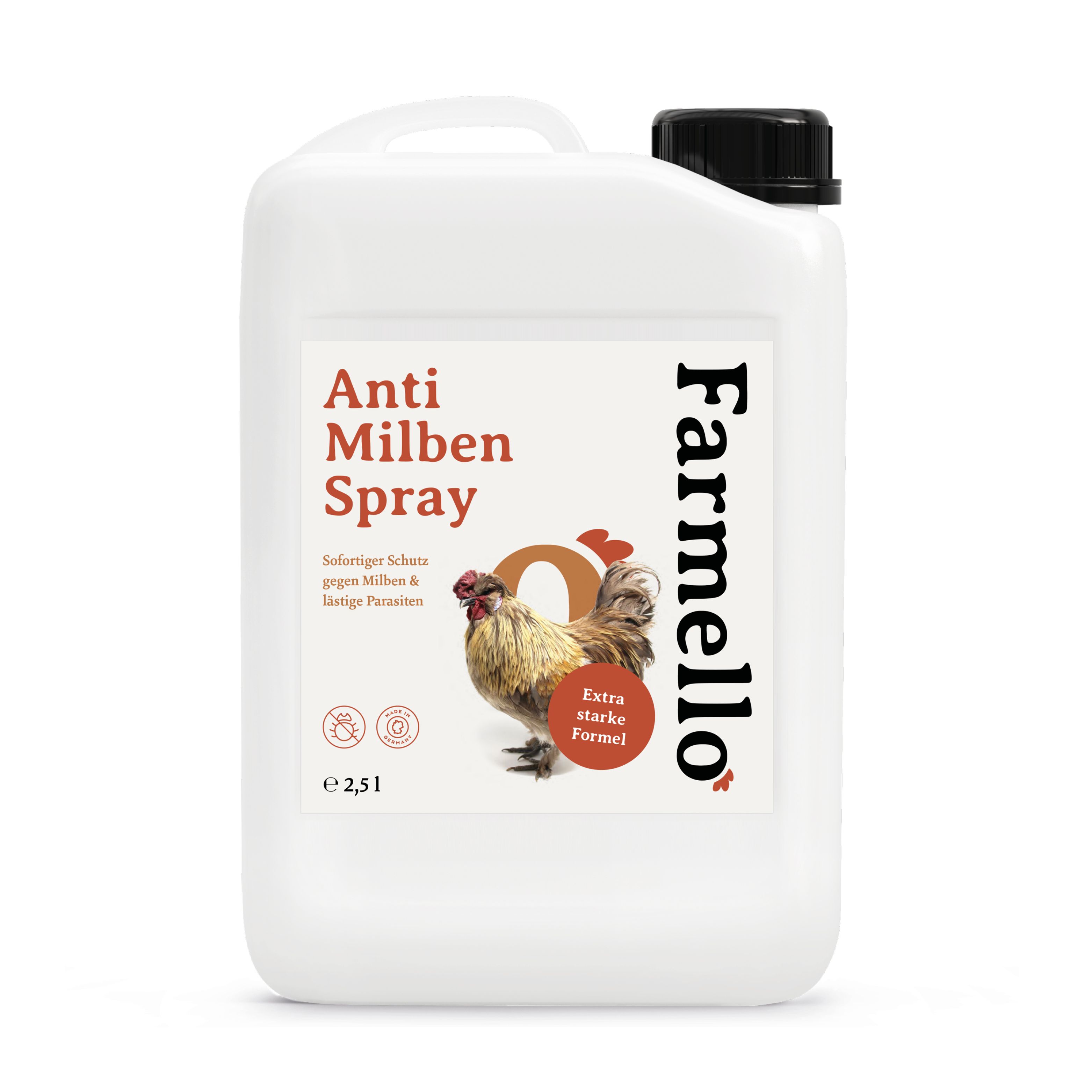 Farmello Anti Milbenspray Hühner 2,5L Kanister mit Hahn und schwarzem Deckel.