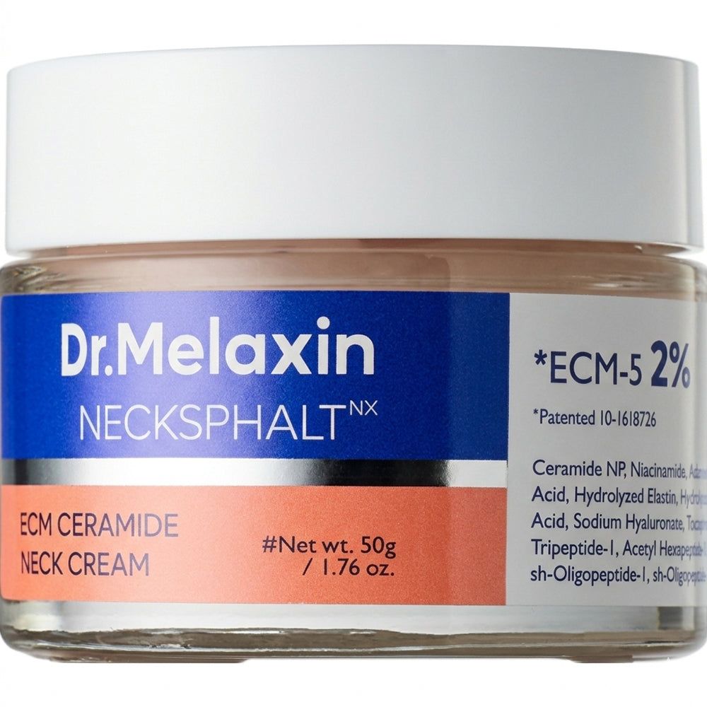Creme-Glas mit Text. Blaue und orangefarbene Etiketten mit Text. "ECM Ceramide Neck Cream".