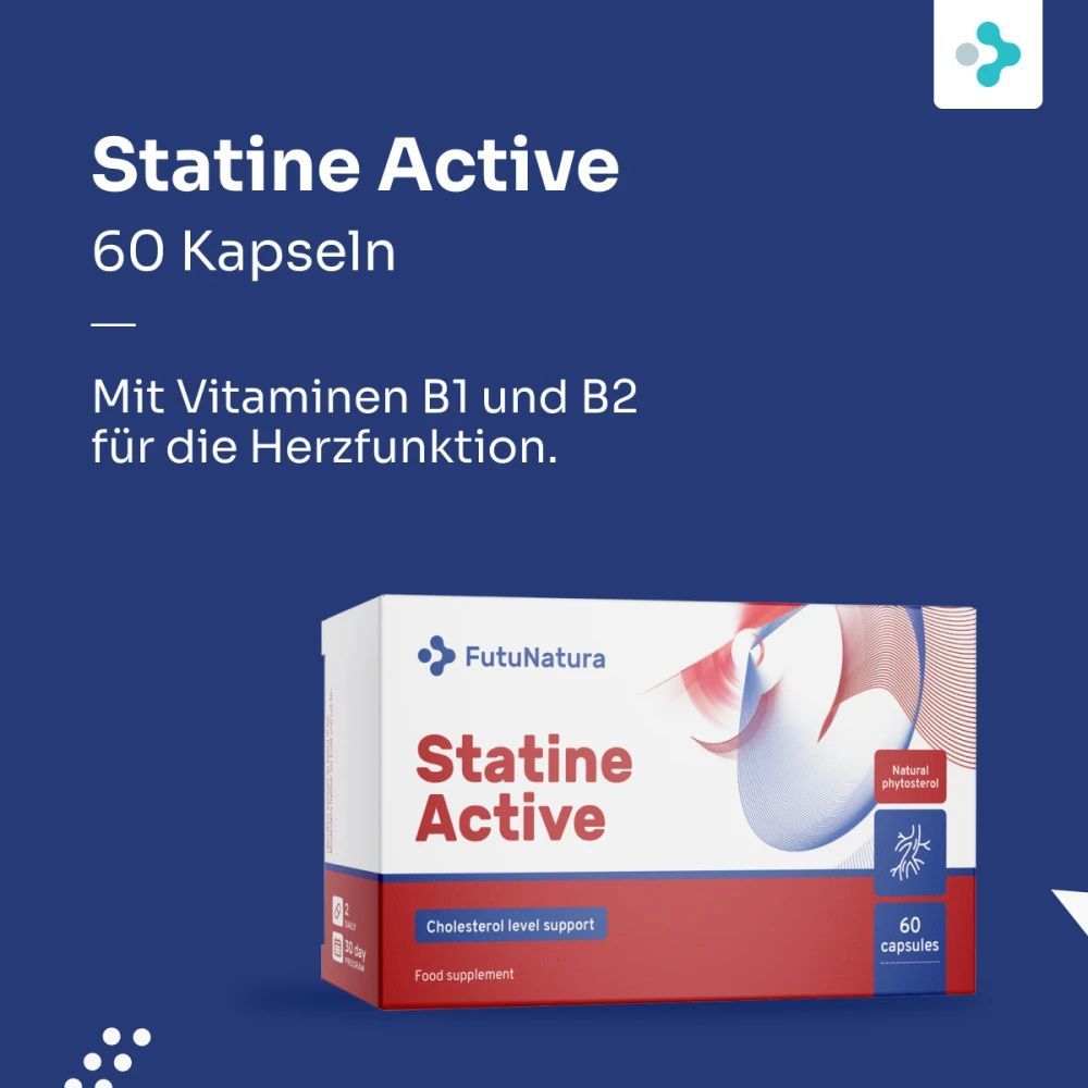 FutuNatura Statine Active, 60 Kapseln. Text: Mit Vitaminen B1 und B2 für die Herzfunktion. Packung im Hintergrund.