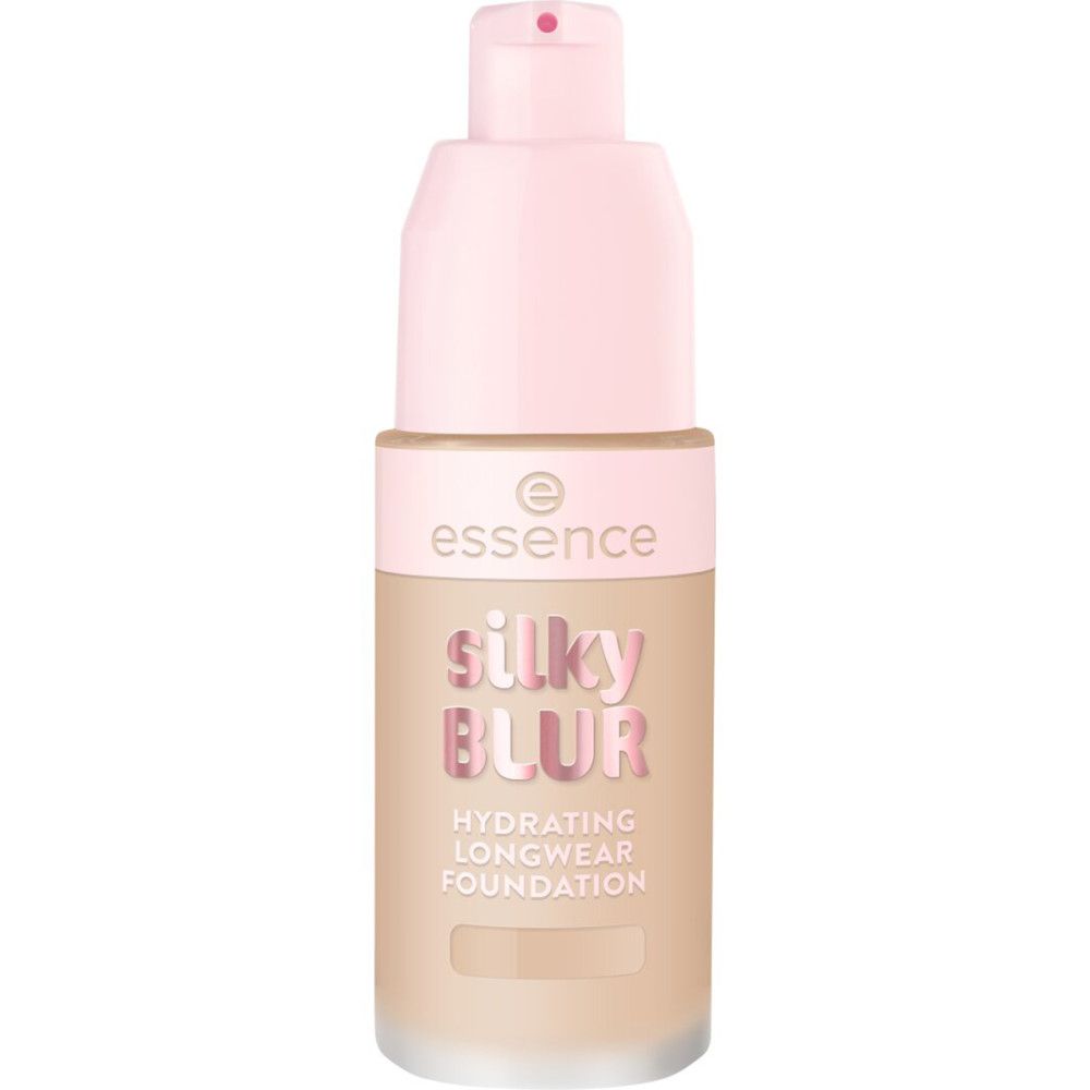 Foundation-Flakon mit rosa Deckel. Aufschrift: Essence, Silky Blur, Hydrating Longwear Foundation.