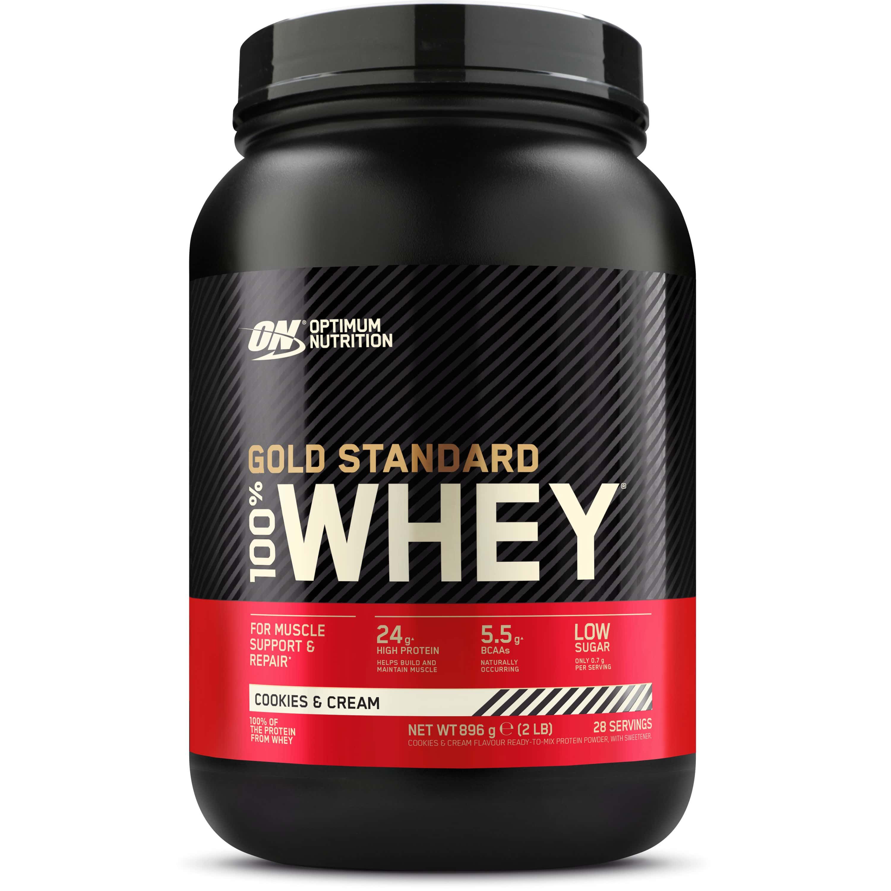 Schwarze Dose Gold Standard 100% Whey. Roter Streifen mit Nährwertangaben. Aufschrift: Cookies & Cream, 28 Portionen, 896g.