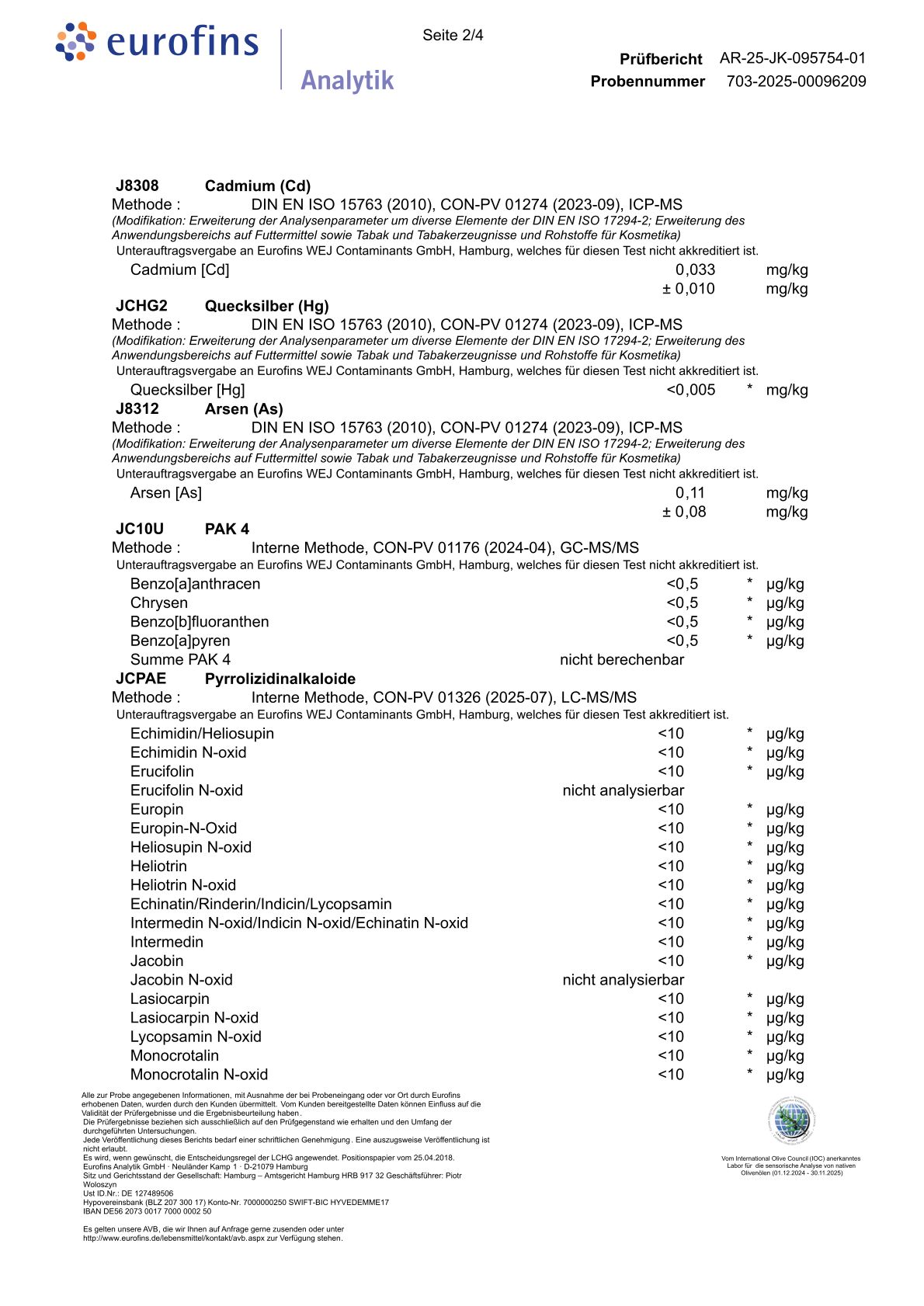 Eurofins Analysenzertifikat. Testergebnisse für Cadmium, Quecksilber und Arsen. Seite 2/4.