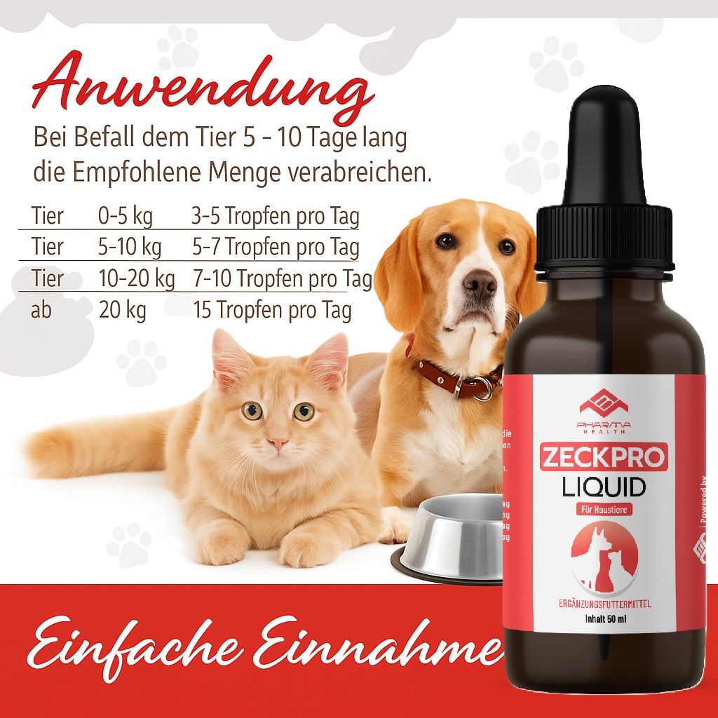 Braune Flasche mit schwarzem Deckel und Pipette. Rotes Etikett mit Text: Zeckpro Liquid. Katze und Hund liegen neben einer Futterschüssel.